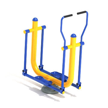 Outdoor fitness equipment with blue and yellow elliptical gliding pedals and upright handles for full-body workout