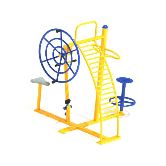 Outdoor fitness course with yellow and blue stations including hand wheel, ladder, rotating seat for full-body exercise