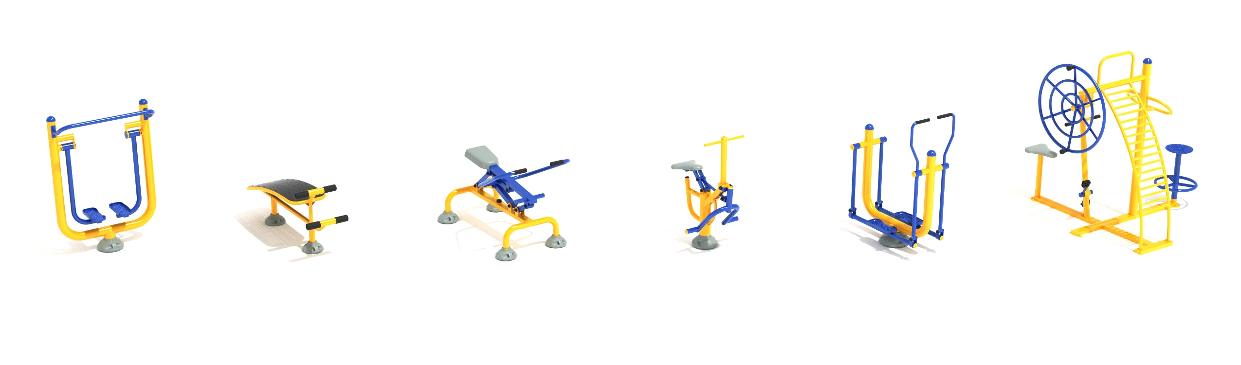 Training Day Fitness Course outdoor workout with six colorful full-body exercise machines including Quad Station, Sky Walker, Sit Up Bench, rower, Fit Rider, and Country Skier