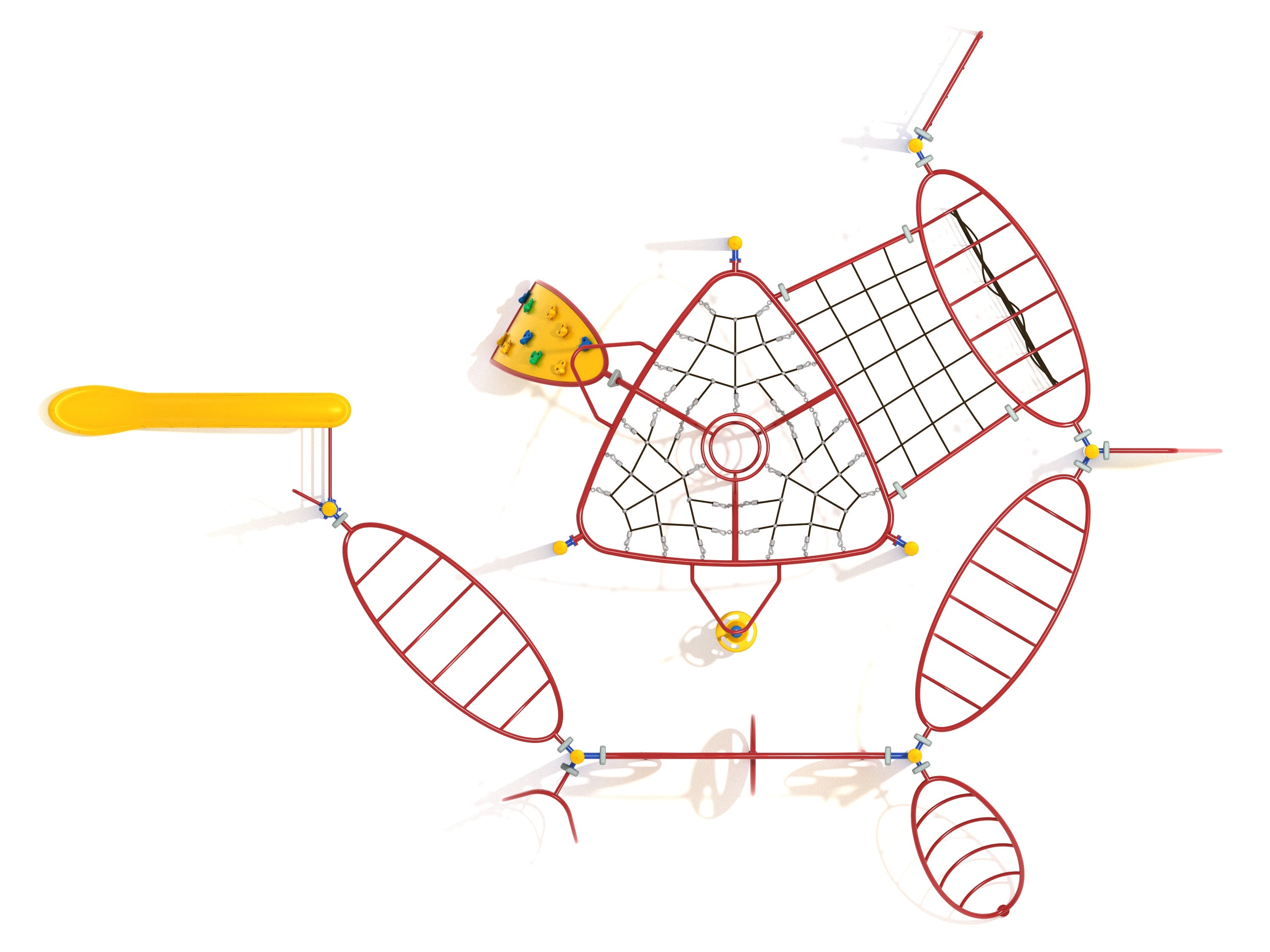 Overhead view of a red and yellow playground fitness course with spiral overhead climbers, nets, rope climbers, and a slide