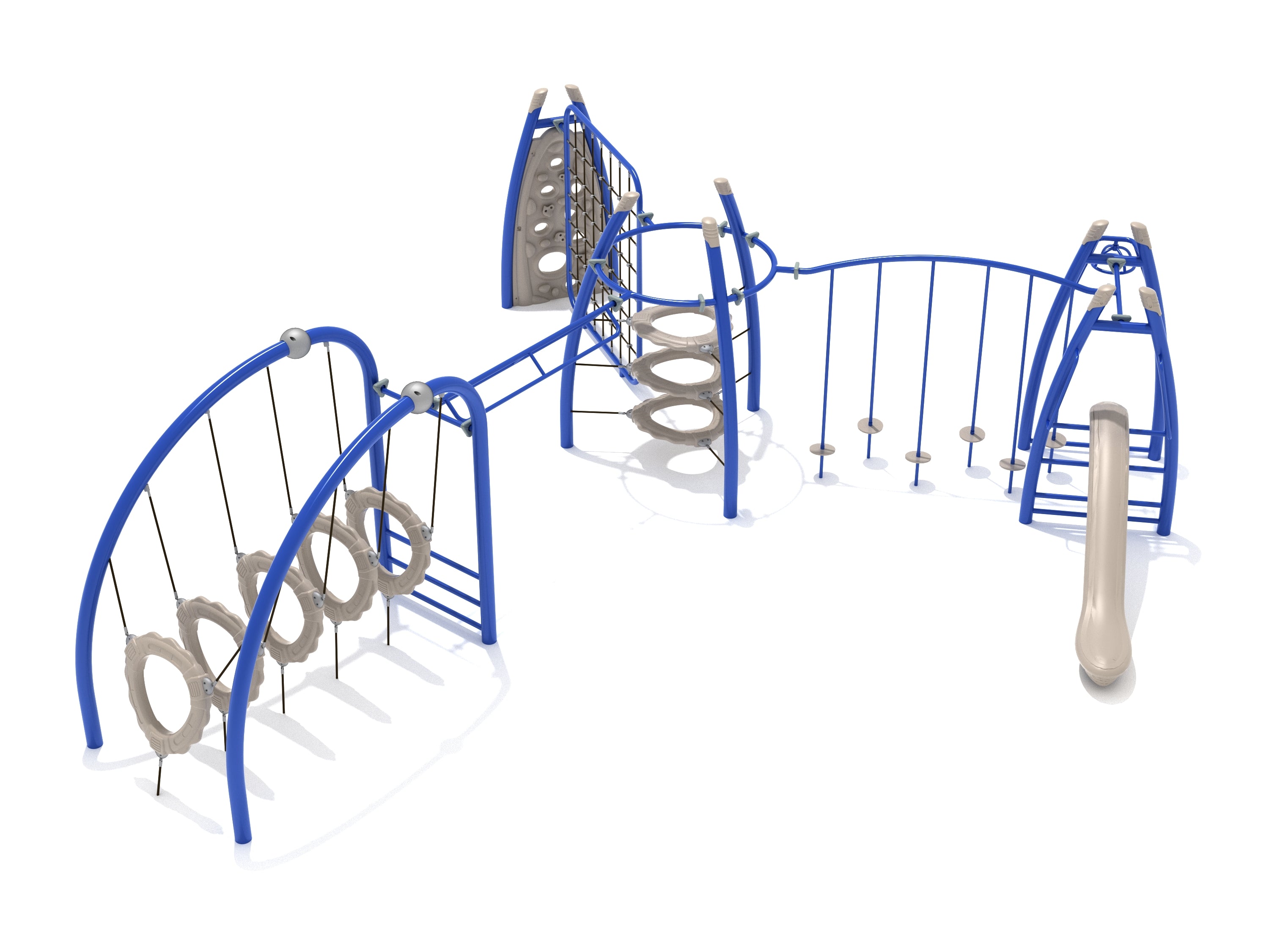 Modern blue and beige playground with climbing rings, net climber, overhead spinner, and saddle slide