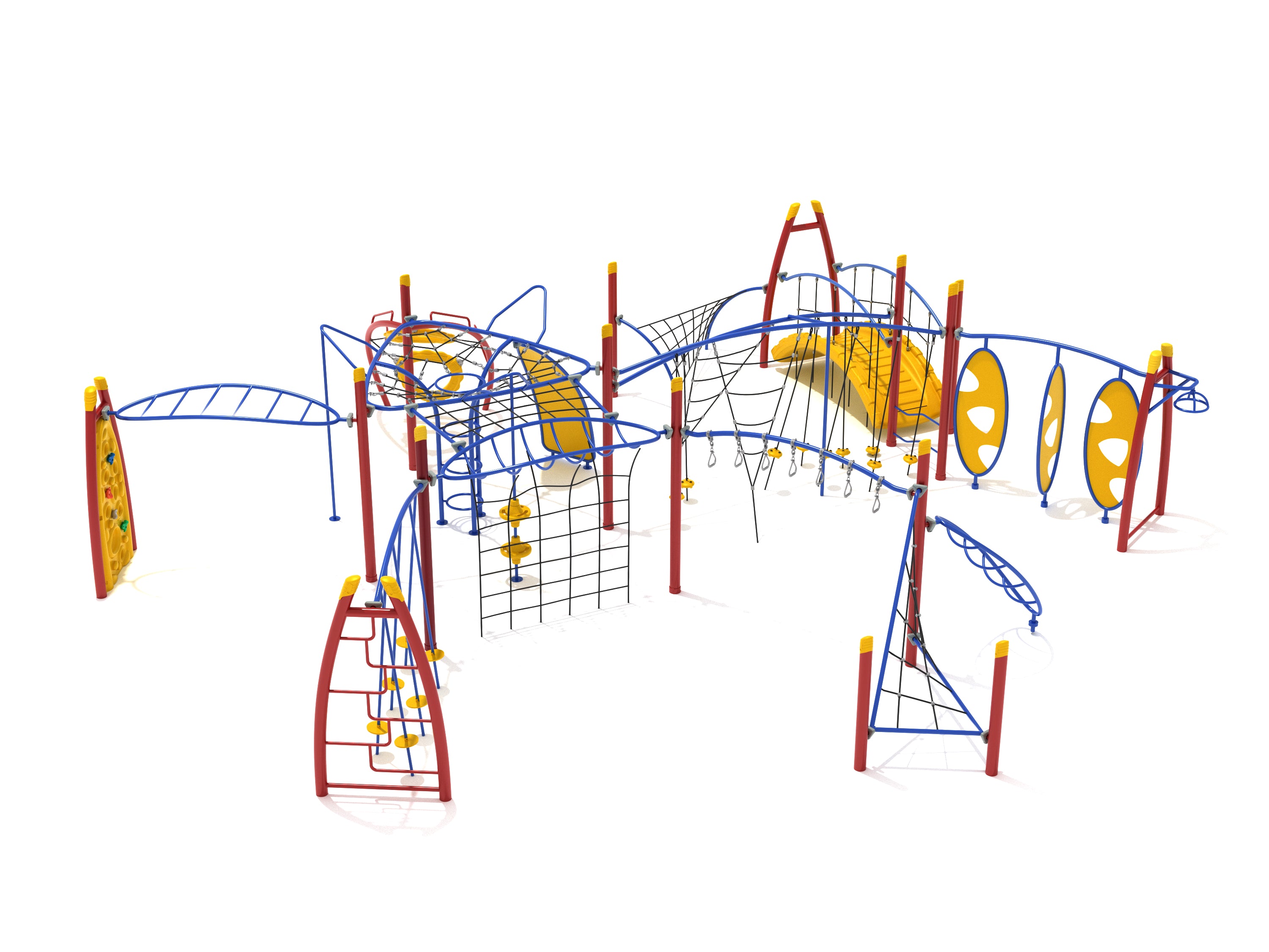Colorful playground fitness structure with multiple climbing nets, bridges, and overhead fitness elements for children