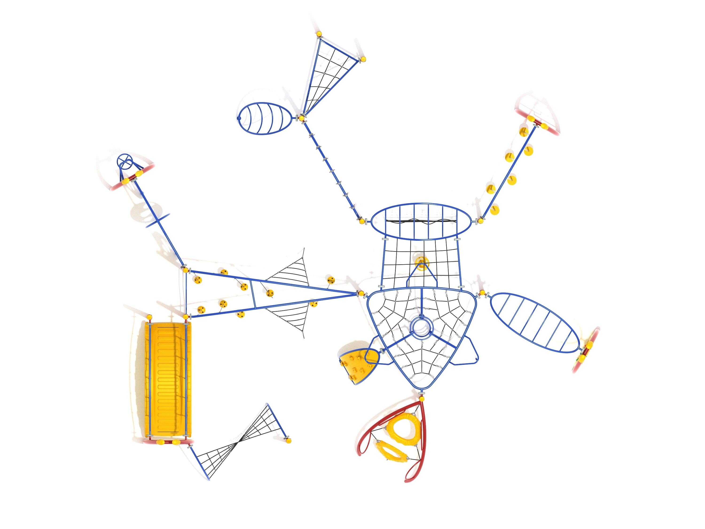 Overhead view of colorful playground fitness structure with multiple climbing nets, bridges, overhead climbers, and activity elements