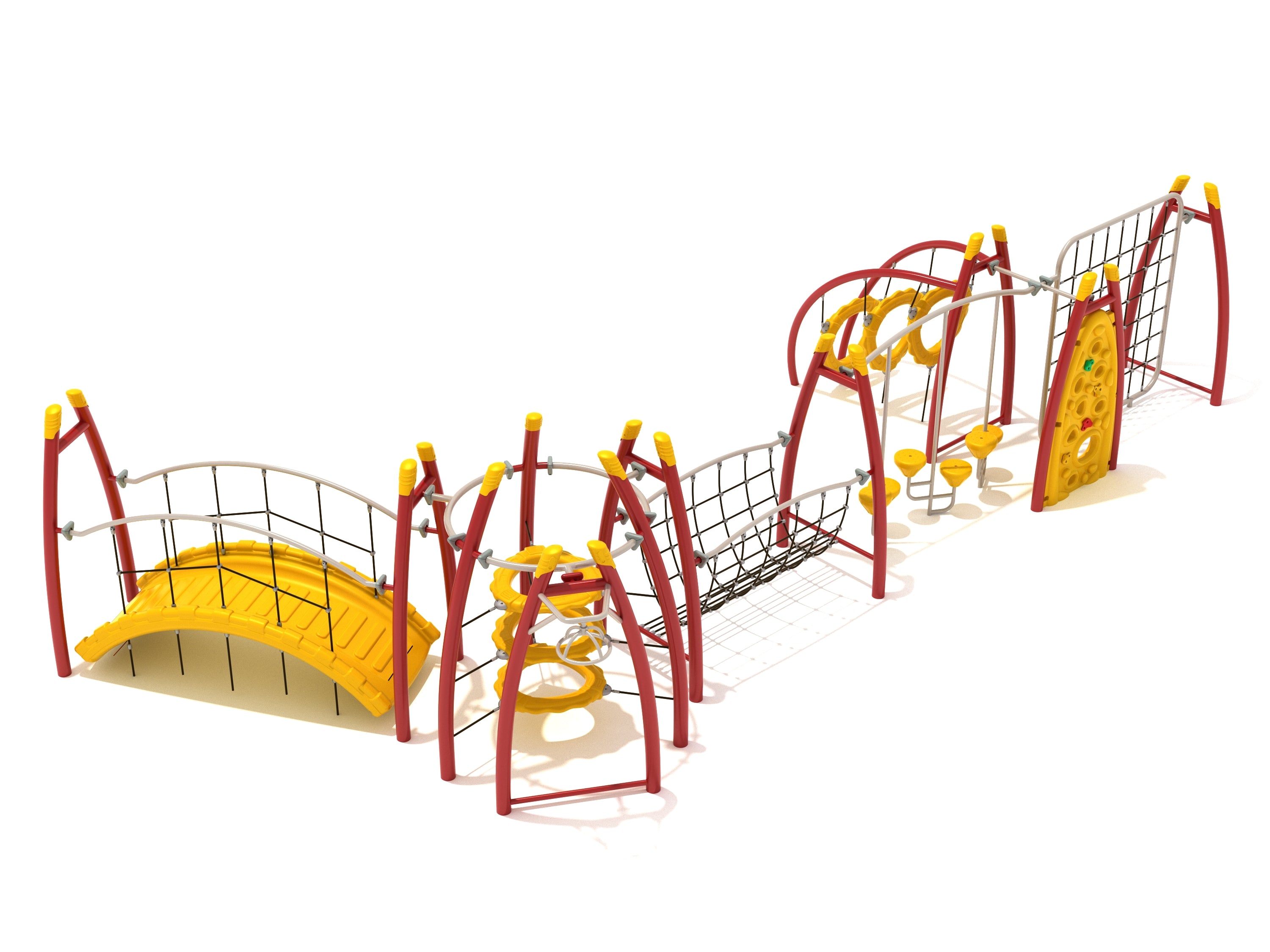Playground fitness course with red and yellow interconnected climbing rings, floating bridge, net bridge, and pebble bridge elements