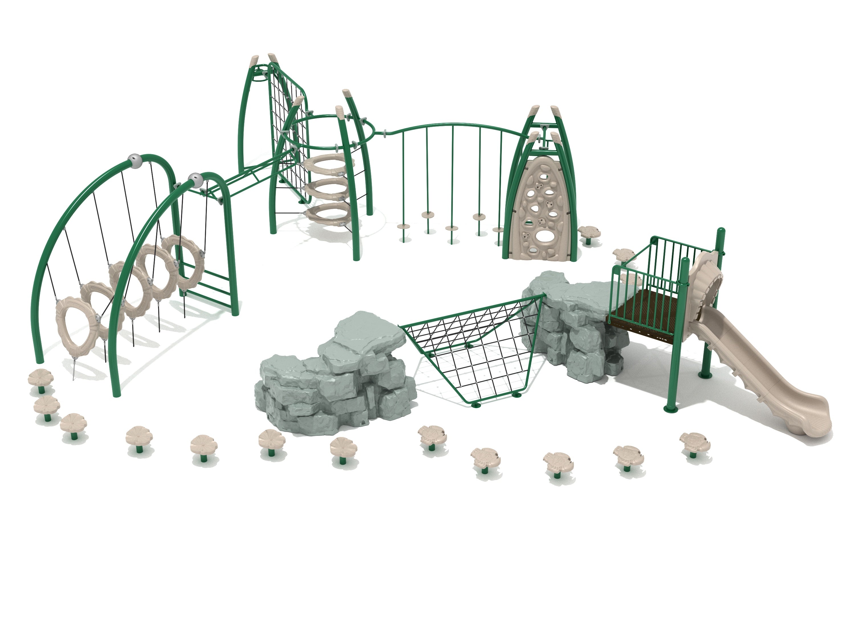 Gold Coast Fitness Course Playground with green metal frames, beige climbing rings, rock-like boulder climbers, net climbers, slide, and crab climbers connecting two play islands