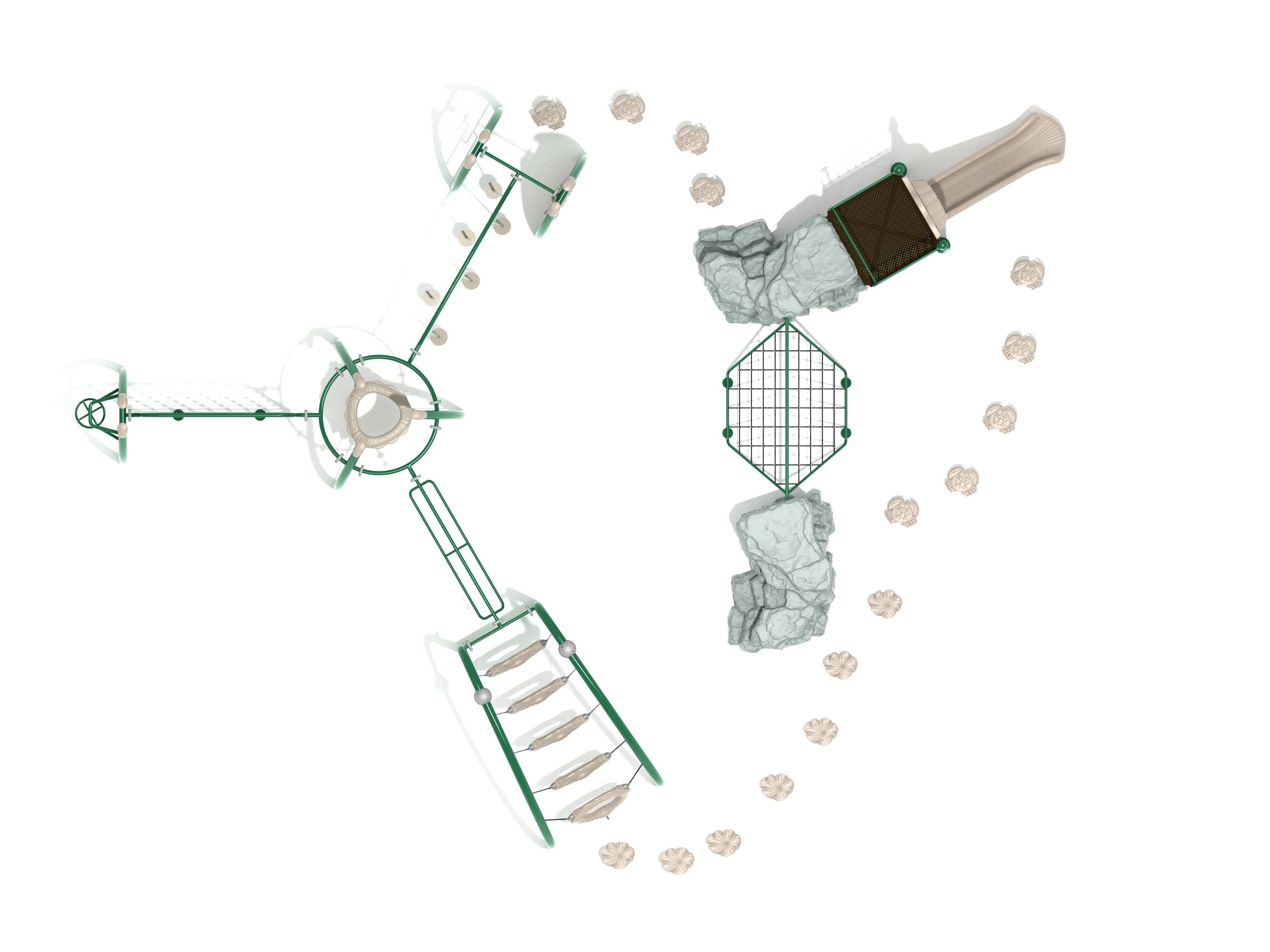 Overhead view of dual-island playground with climbing nets, boulder features, slides, and connecting crab climbers.