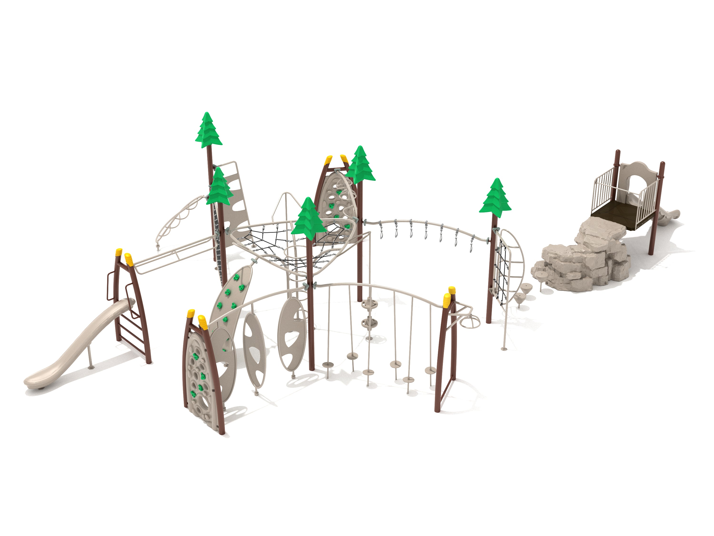 Bucktown Fitness Course Playground with rope climbers, slides, rock climbers, pine tree toppers, and woodland-themed play structures