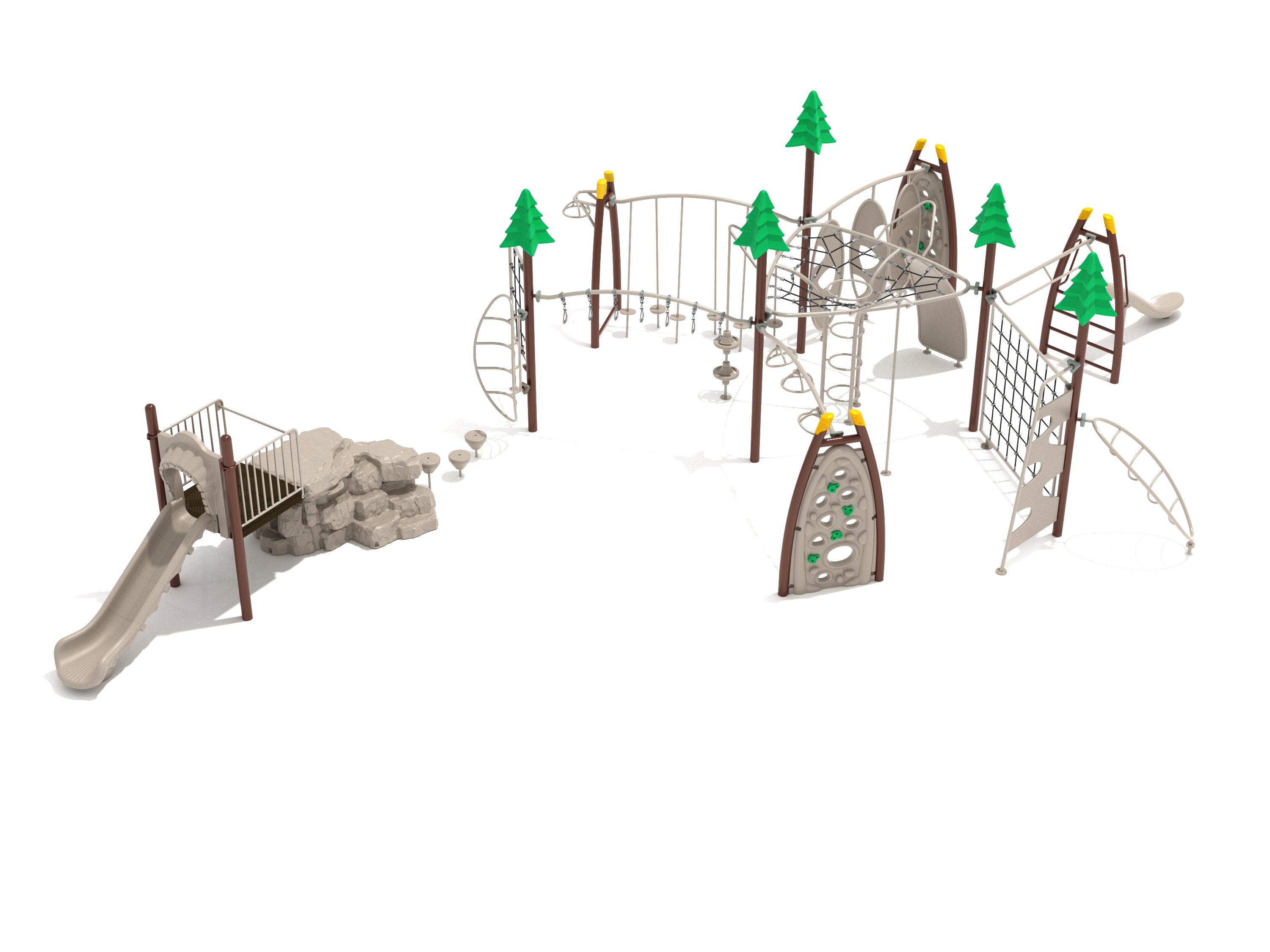 Elevated woodland-themed playground with slides, climbing walls, rope nets, and pine tree toppers