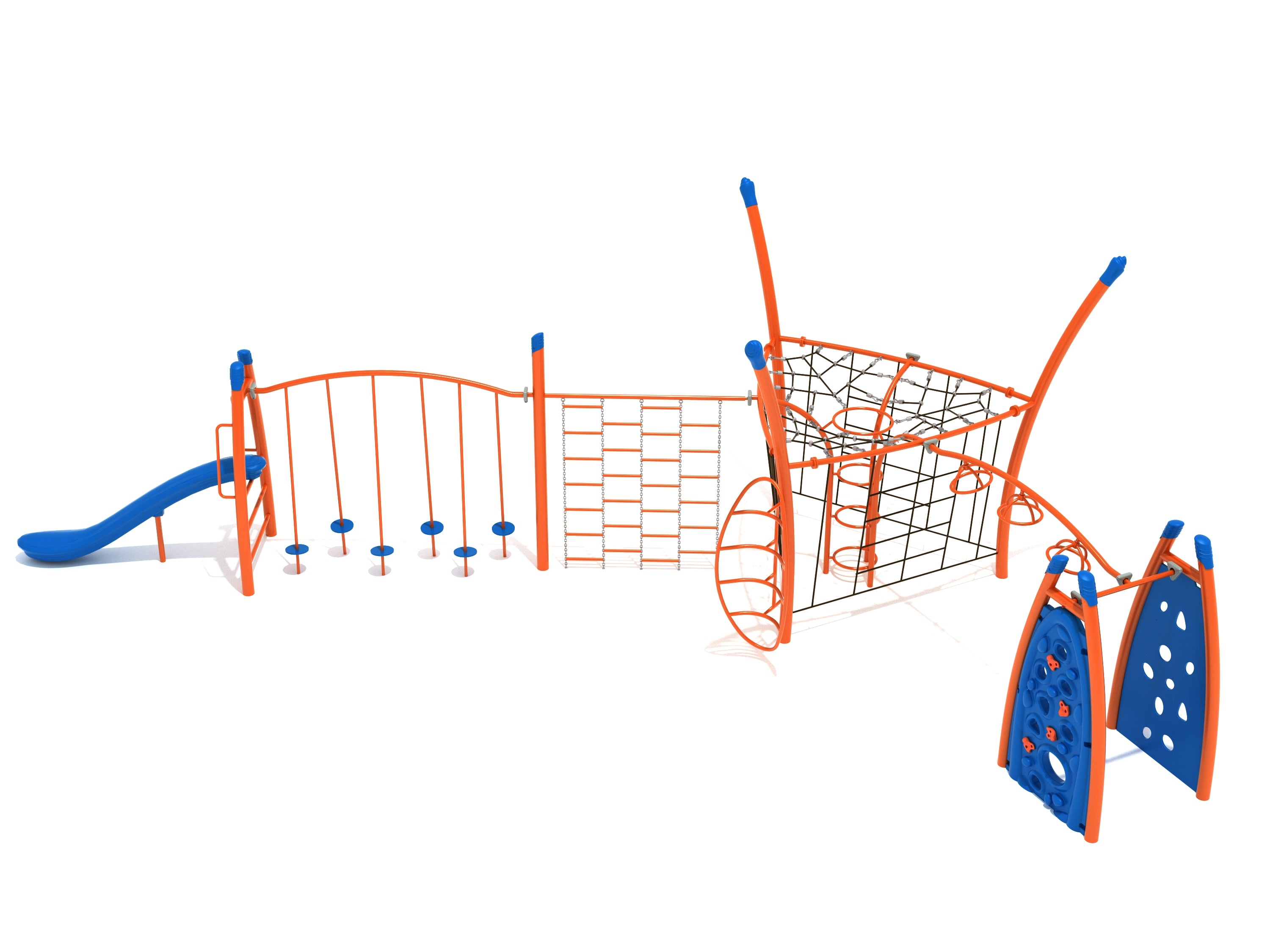 Alverstone Fitness Course Playground with orange and blue climbing structures, nets, rock climbing panels, and a saddle slide