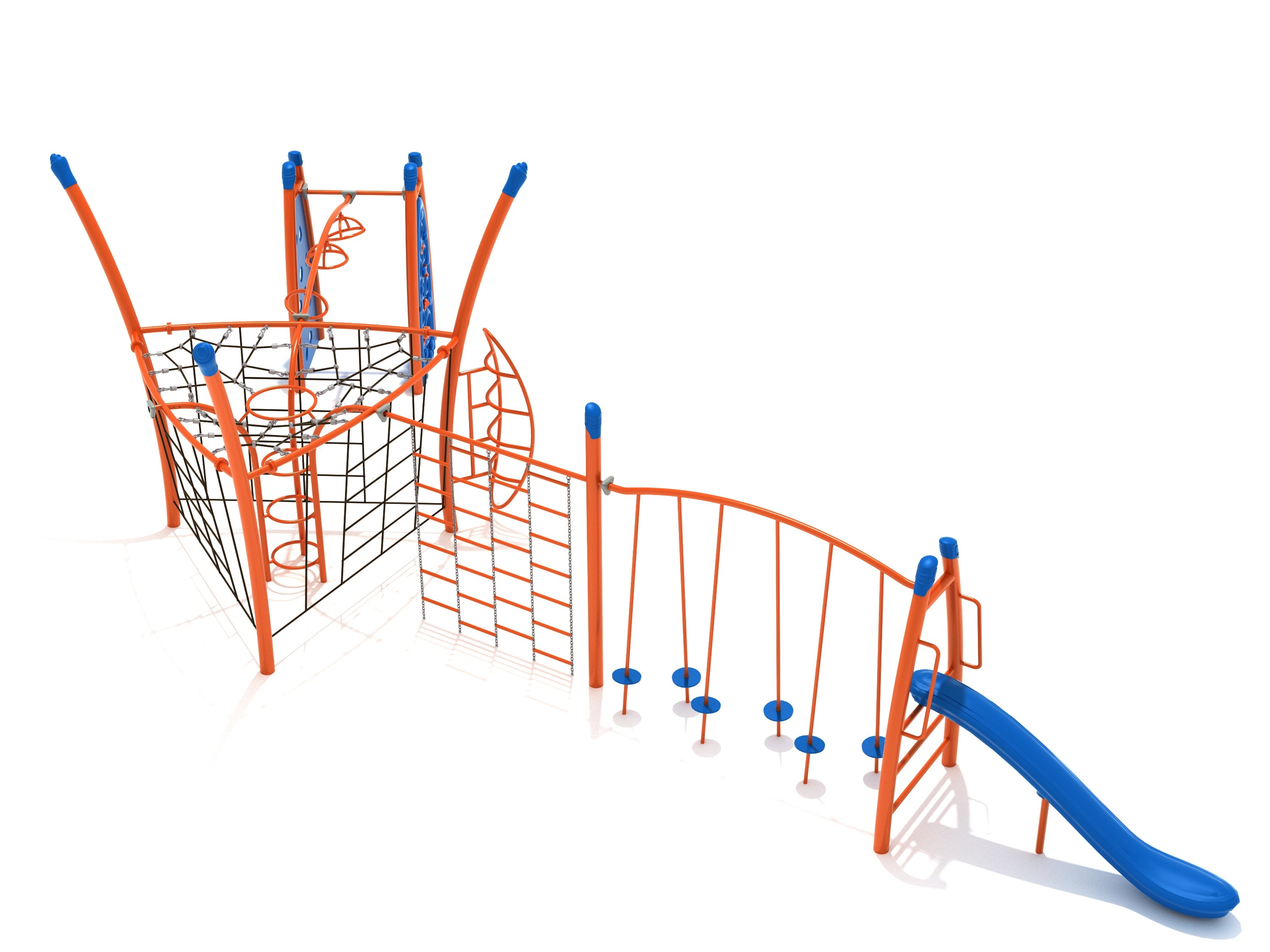 Orange and blue playground fitness course with net climbers, overhead spinner, balance bridge, curved climbing walls, and slide