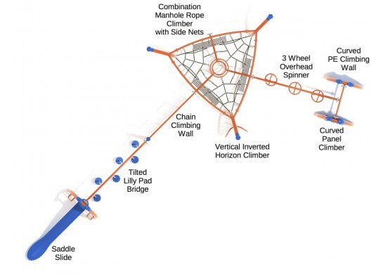 Overhead view of playground fitness course with central rope climber, side nets, climbing walls, overhead spinner, tilted bridge, and slide