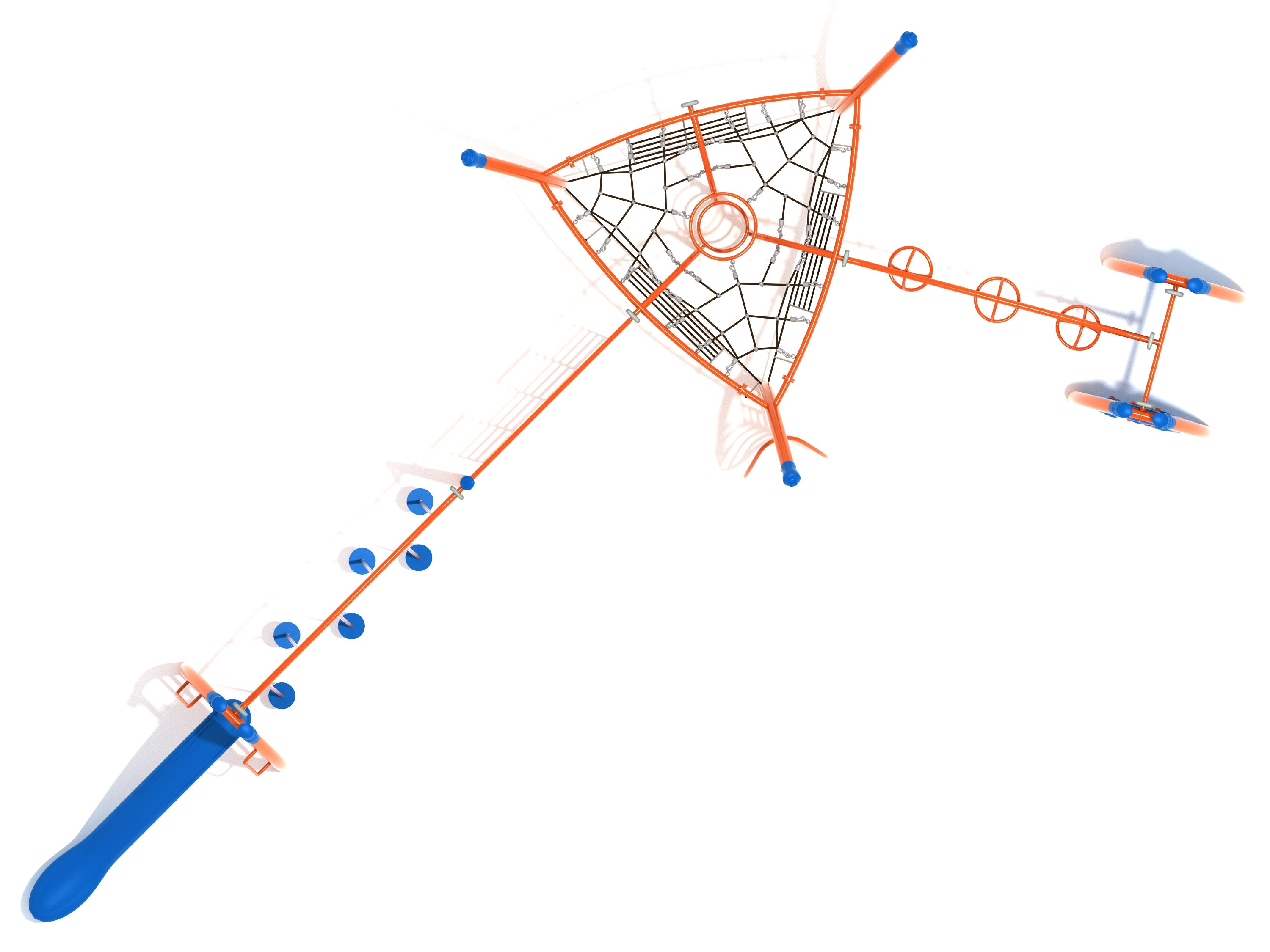 Overhead view of playground fitness course with orange climbing nets, blue stepping discs, slide, and diverse climbing structures
