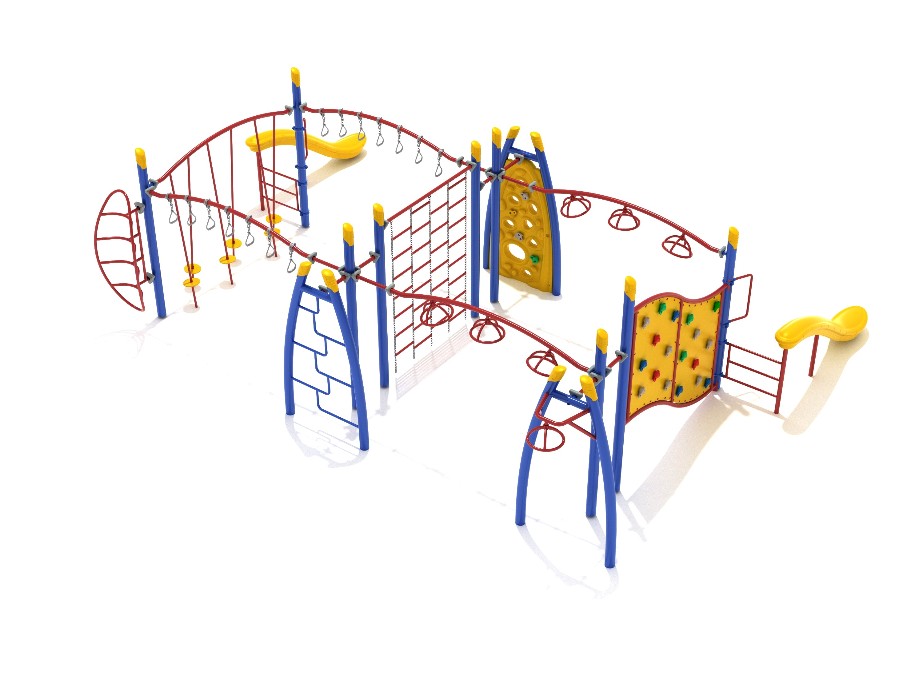 Colorful playground obstacle course with curved climbing panels, overhead spinners, swinging ring ladders, and two yellow slides