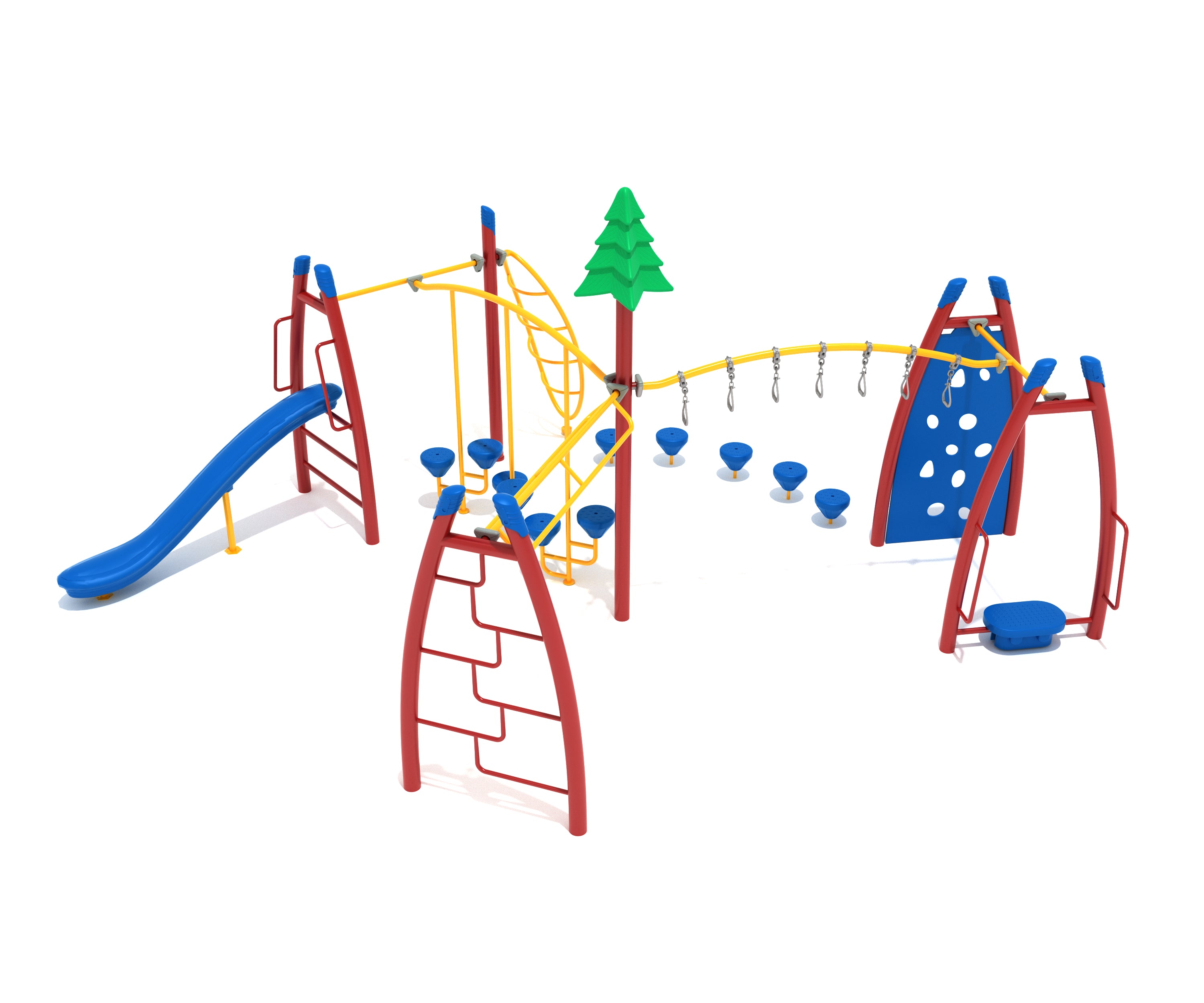 Sears Bellows Playground with red and yellow climbing structures, blue saddle slide, and green pine tree topper centerpiece