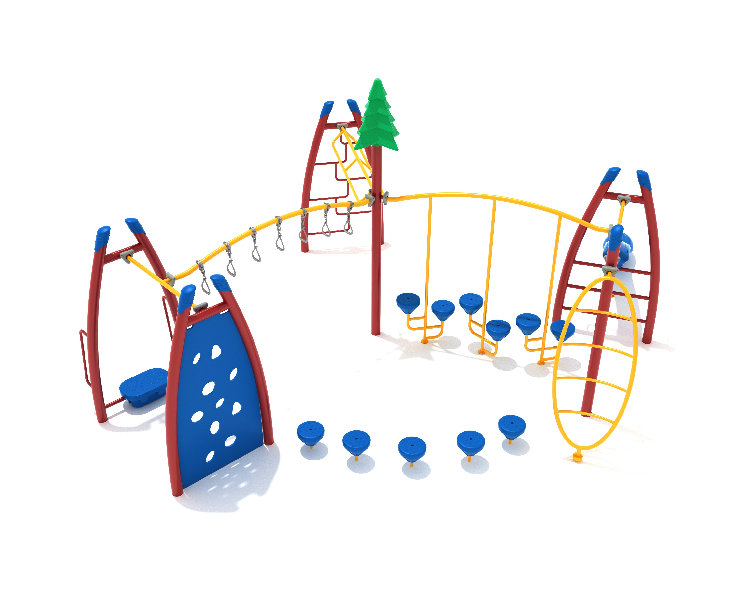 Colorful playground structure with pine tree topper, climbing wall, overhead rings, stepping pods, and rocker bar climber