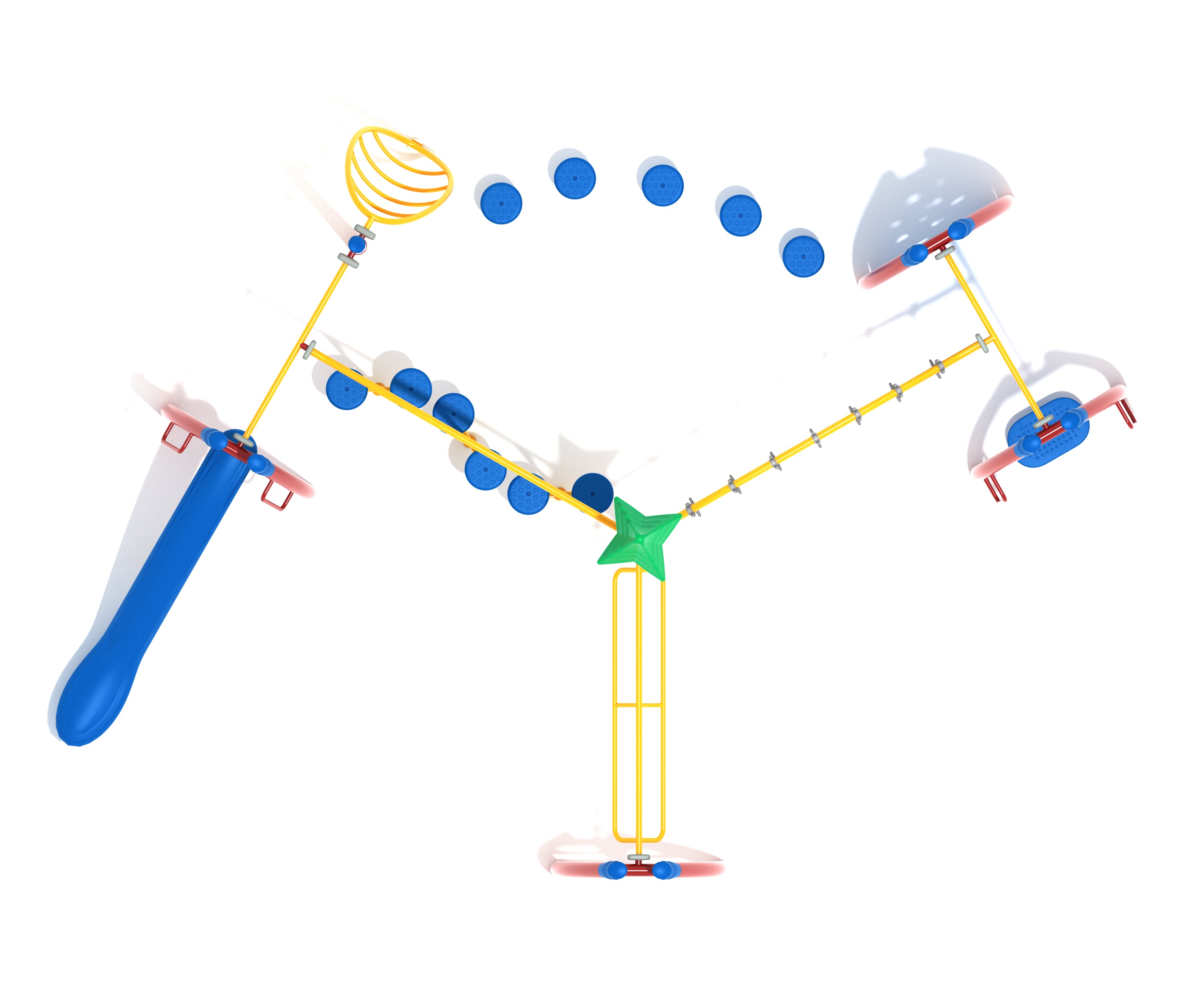 Overhead view of colorful playground with green pine tree topper, blue climbing steps, yellow bars, and blue slide
