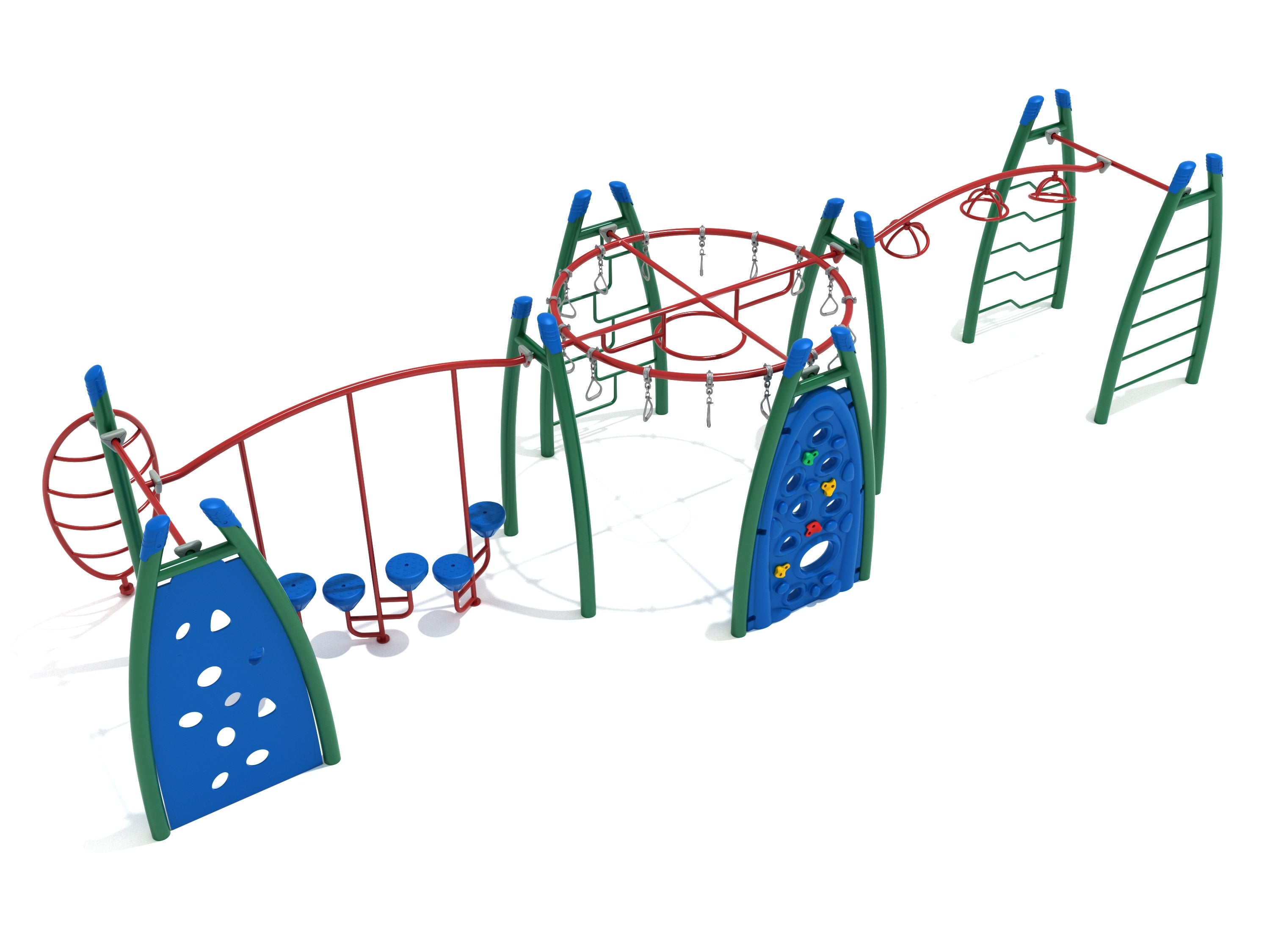 Mount Sinai Fitness Course Playground top side view with red overhead rings, blue climbing walls, green support frames, and fitness play elements