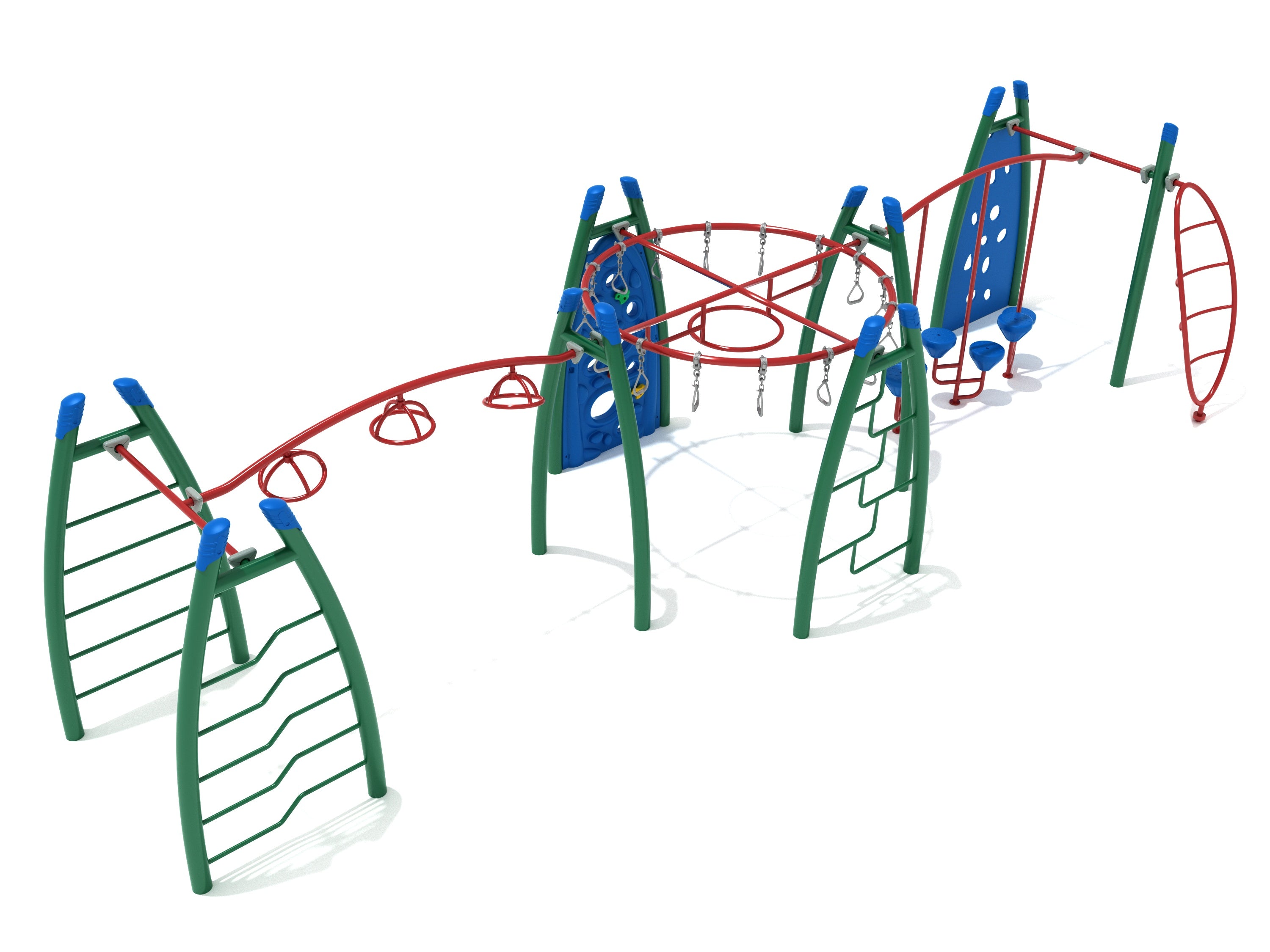 Playground fitness structure with green vertical climbers, red overhead rings, blue climbing panels, and stepping pods for muscle development and coordination.