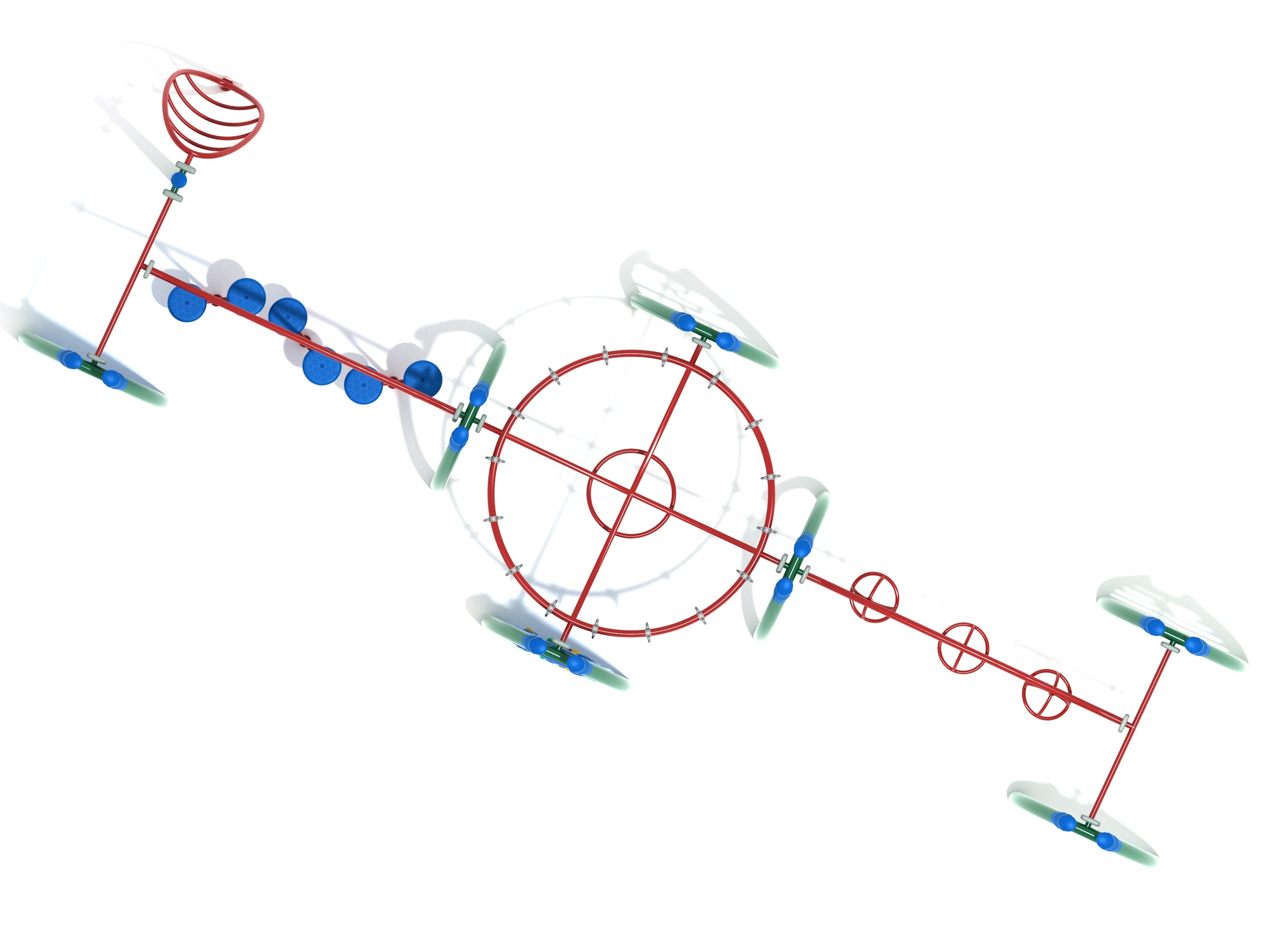 Overhead view of red and blue playground fitness course with circular climbing rings, stepping discs, and overhead swinging ring ladder