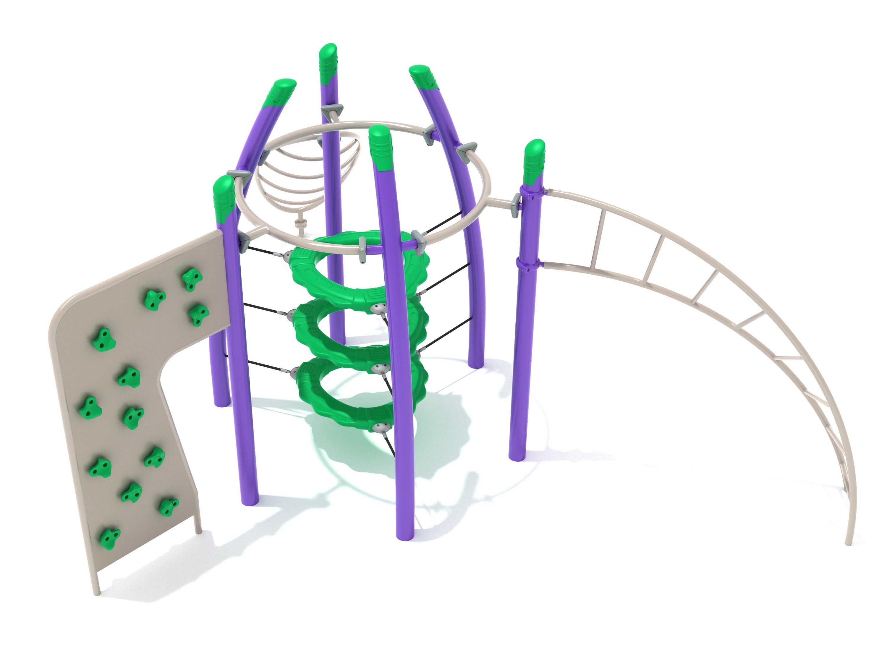 Ophir Pass Fitness Course Playground with purple vertical posts, green climbing rings, rock wall, and curved ladder climbers