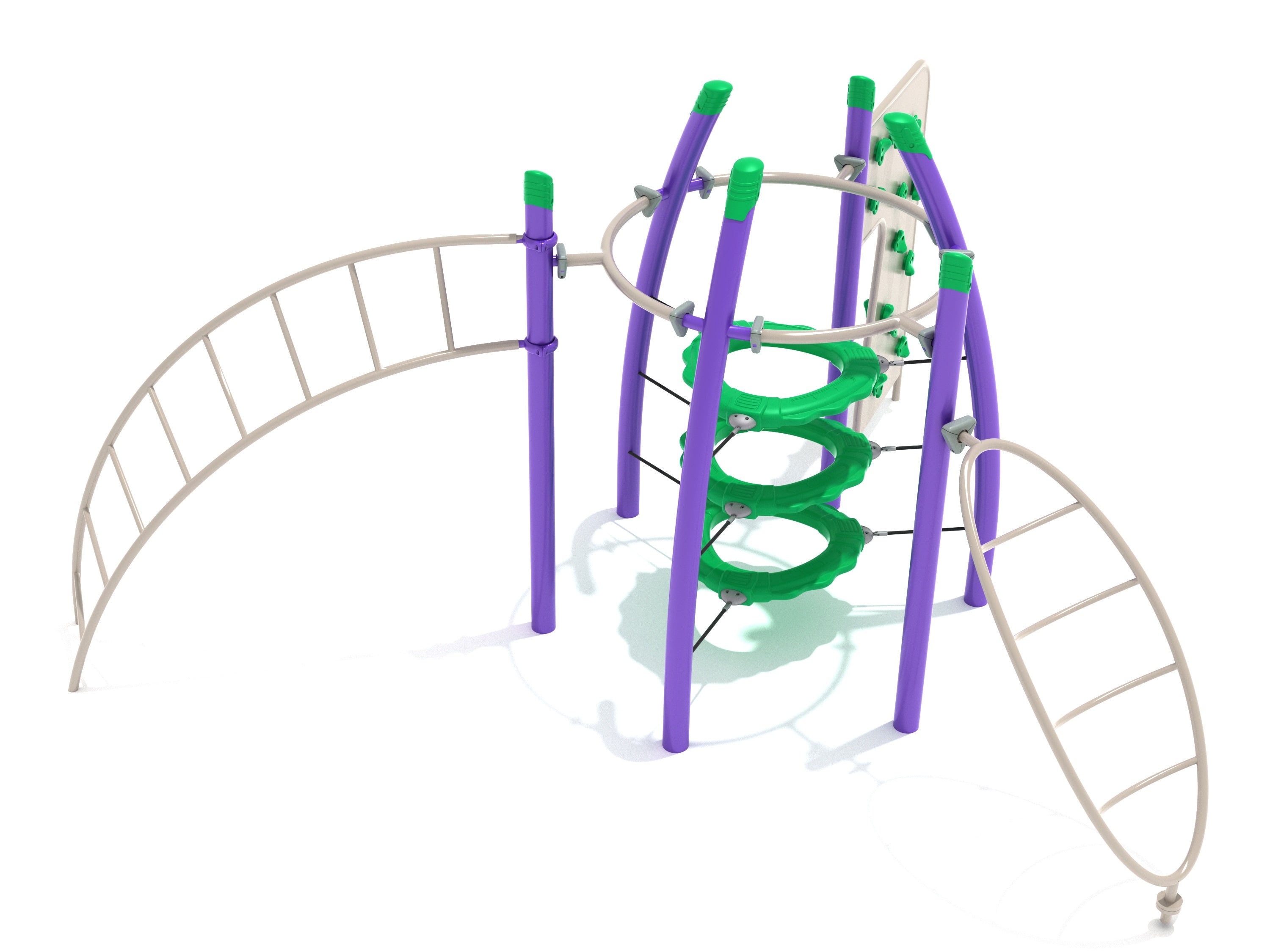 Colorful playground climbing structure with purple vertical supports, green circular rings, and beige curved ladders.