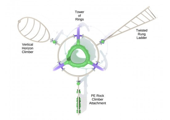 Overhead view of multi-climber playground with central ring tower, twisted rung ladder, vertical horizon climber, and rock climber attachments