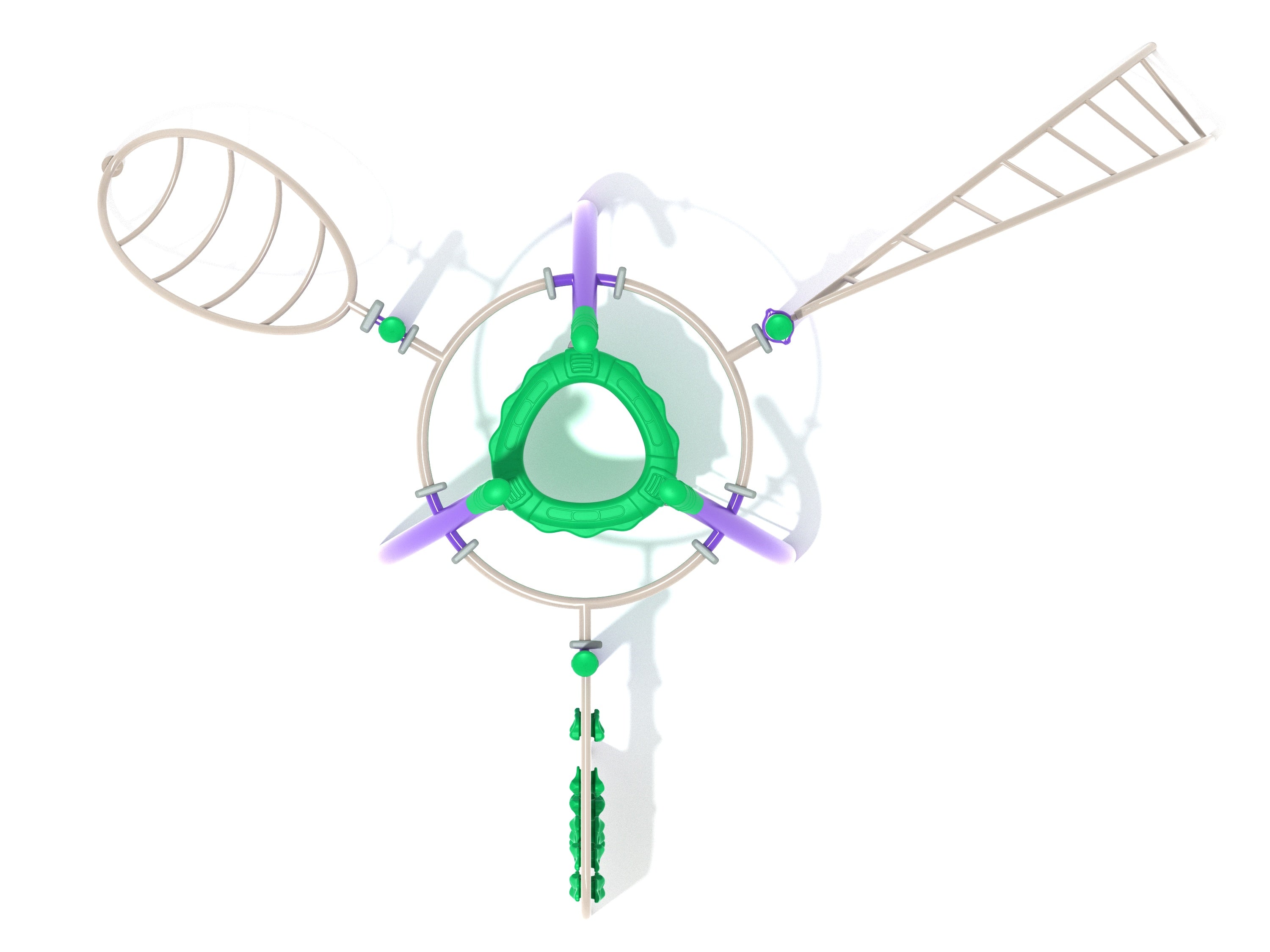 Overhead view of a multi-climber playground with curved bars, suspended rings, rock climbing grips, and twisted rungs.