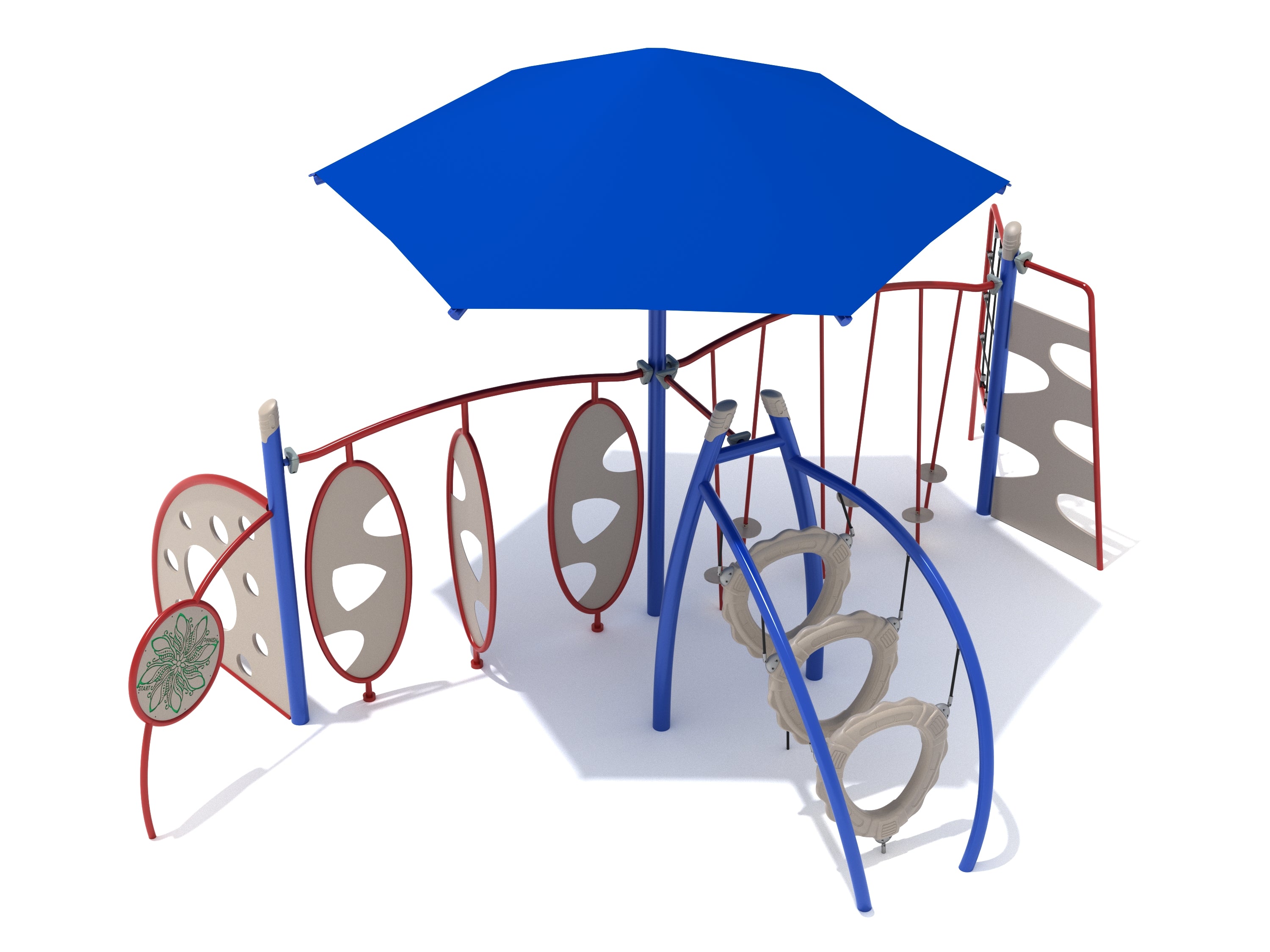 Angora Summit Fitness Course Playground with blue shade umbrella, red and blue climbers, tilted lily pad bridge, and suspended ring tunnel