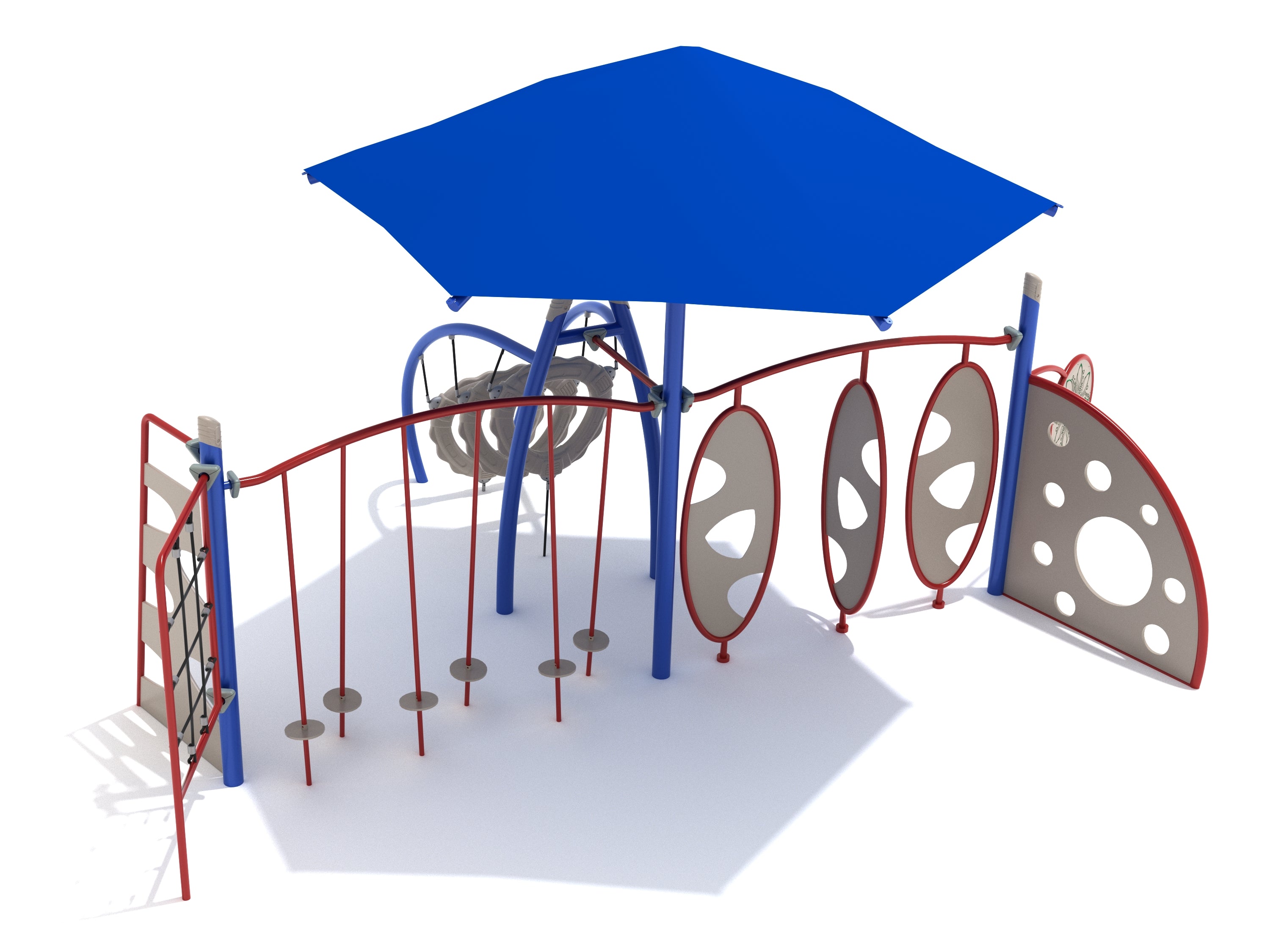 Colorful playground fitness course with climbing panels, suspended stepping discs, ring tunnel, and large blue shade canopy