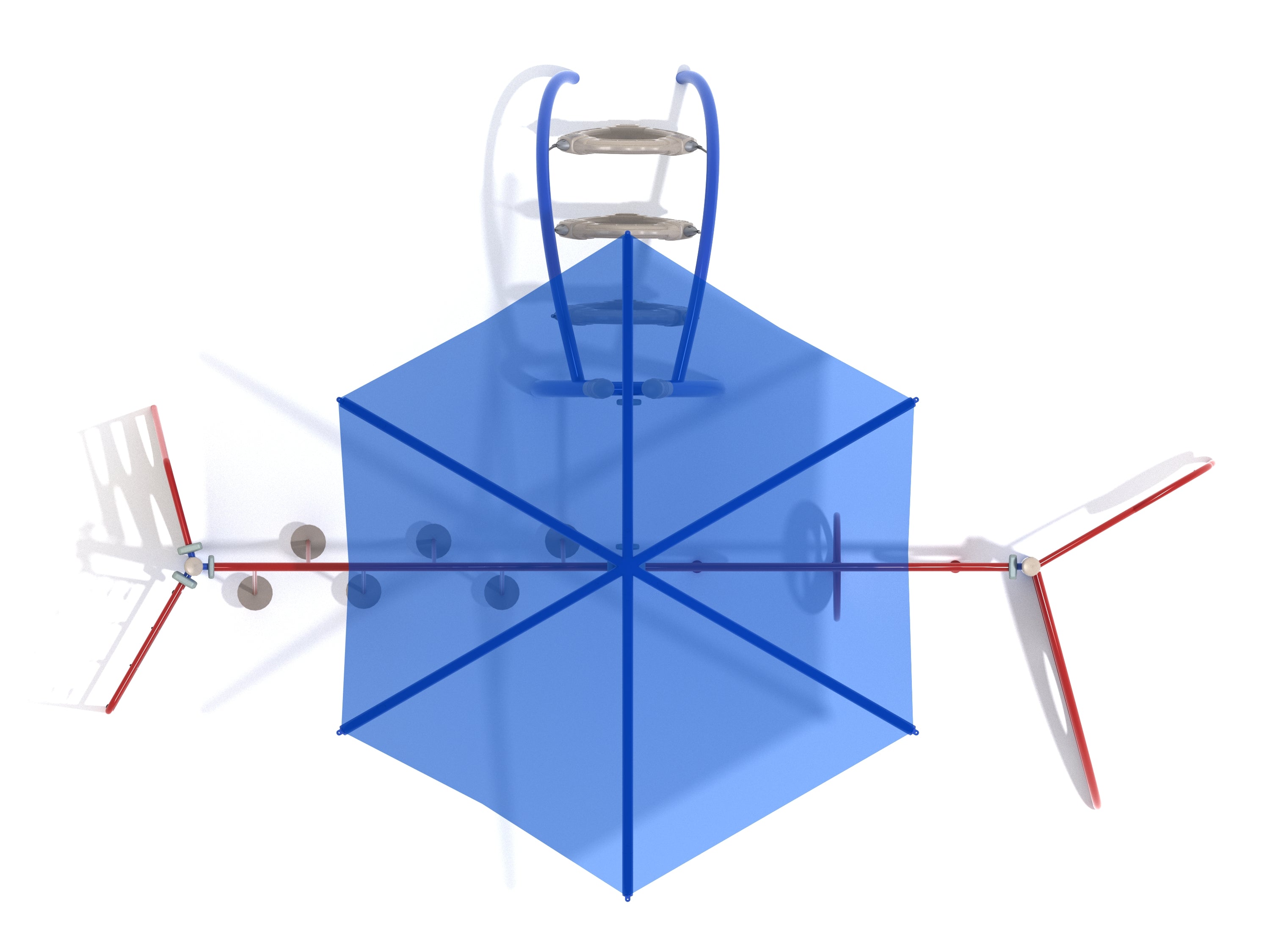 Overhead view of colorful playground fitness course with climbers, tilted lily pad bridge, net climber, and large blue umbrella shade