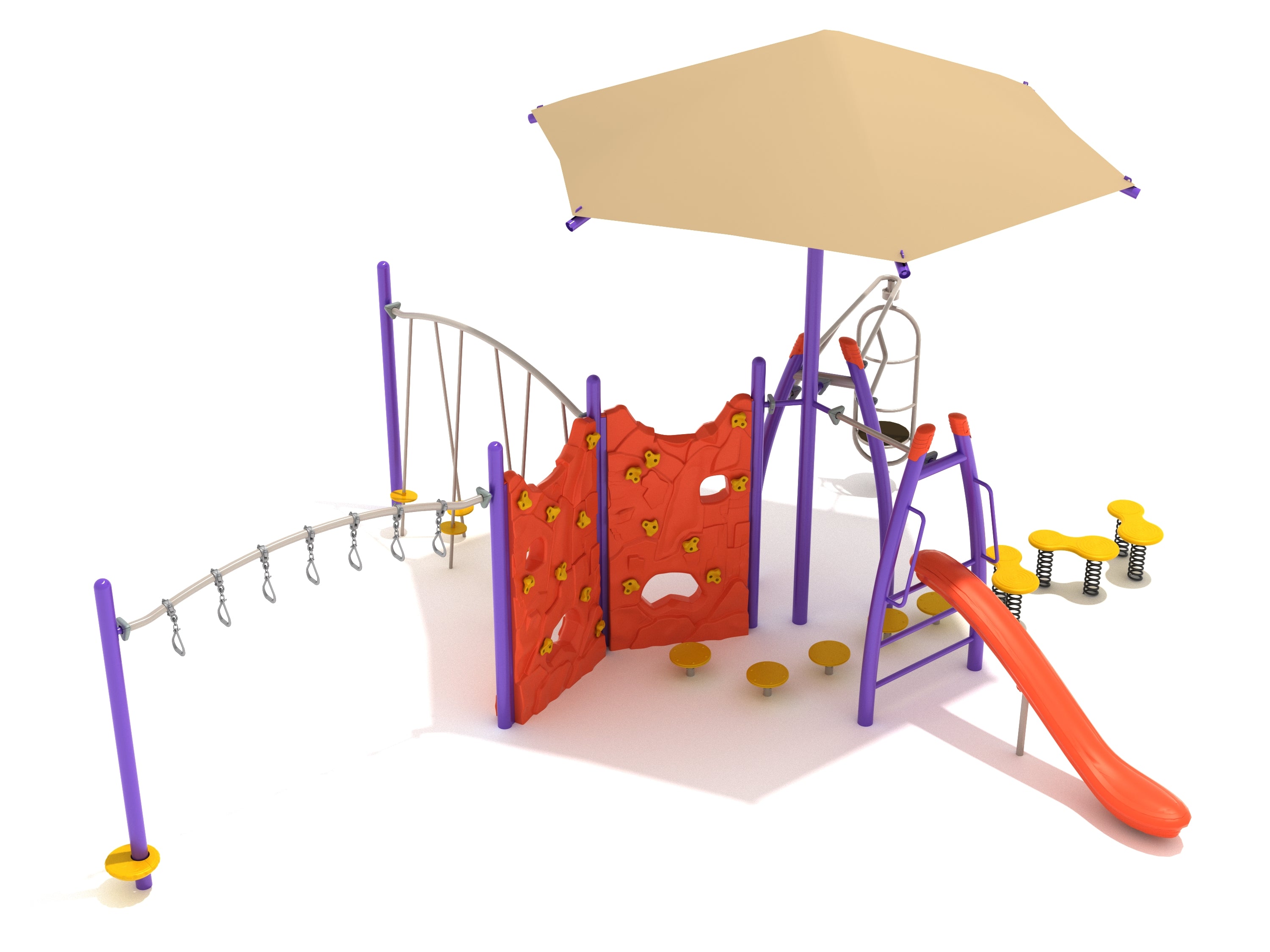 Playground fitness course with purple posts, orange climbing walls, yellow spring steps, slide, and hexagonal shade canopy