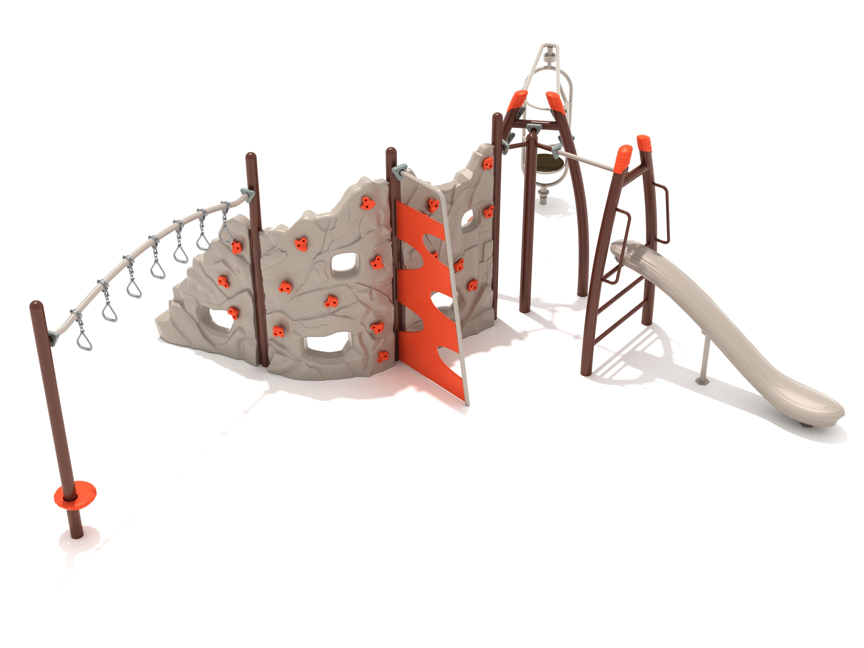 Timms Hill Fitness Course Playground with craggy climber panels, curved overhead rung ladder, orbital spinner, and saddle slide