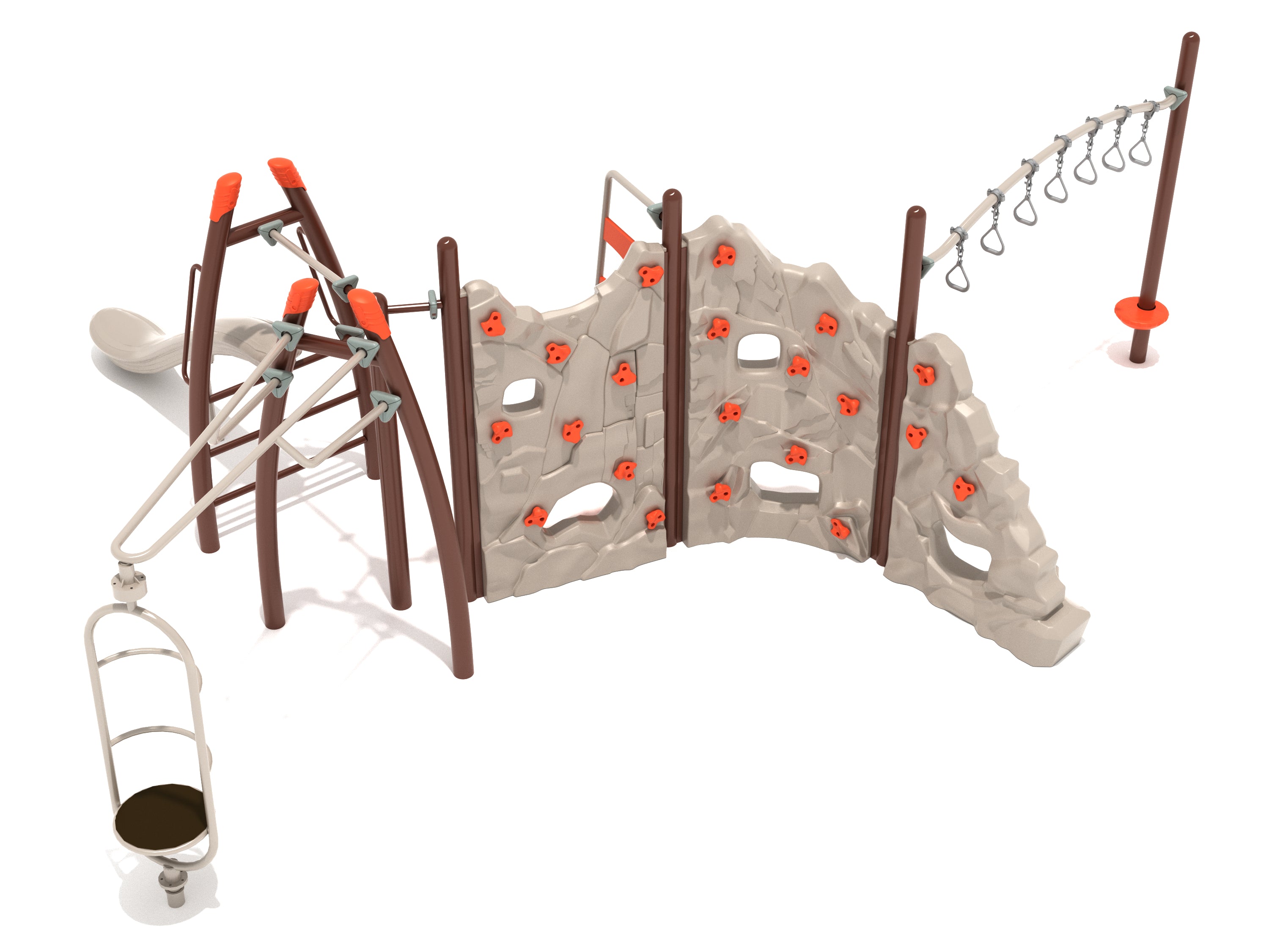 Playground fitness course with wide rock climbing wall, curved overhead swinging rung ladder, orbital spinner, and saddle slide in neutral tones