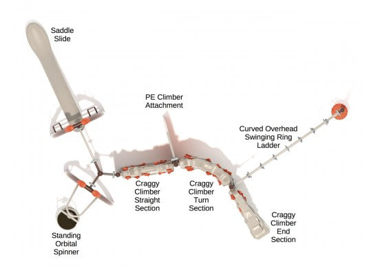 Overhead view of playground fitness course with craggy climber panels, curved swinging rung ladder, orbital spinner, PE climber, and saddle slide