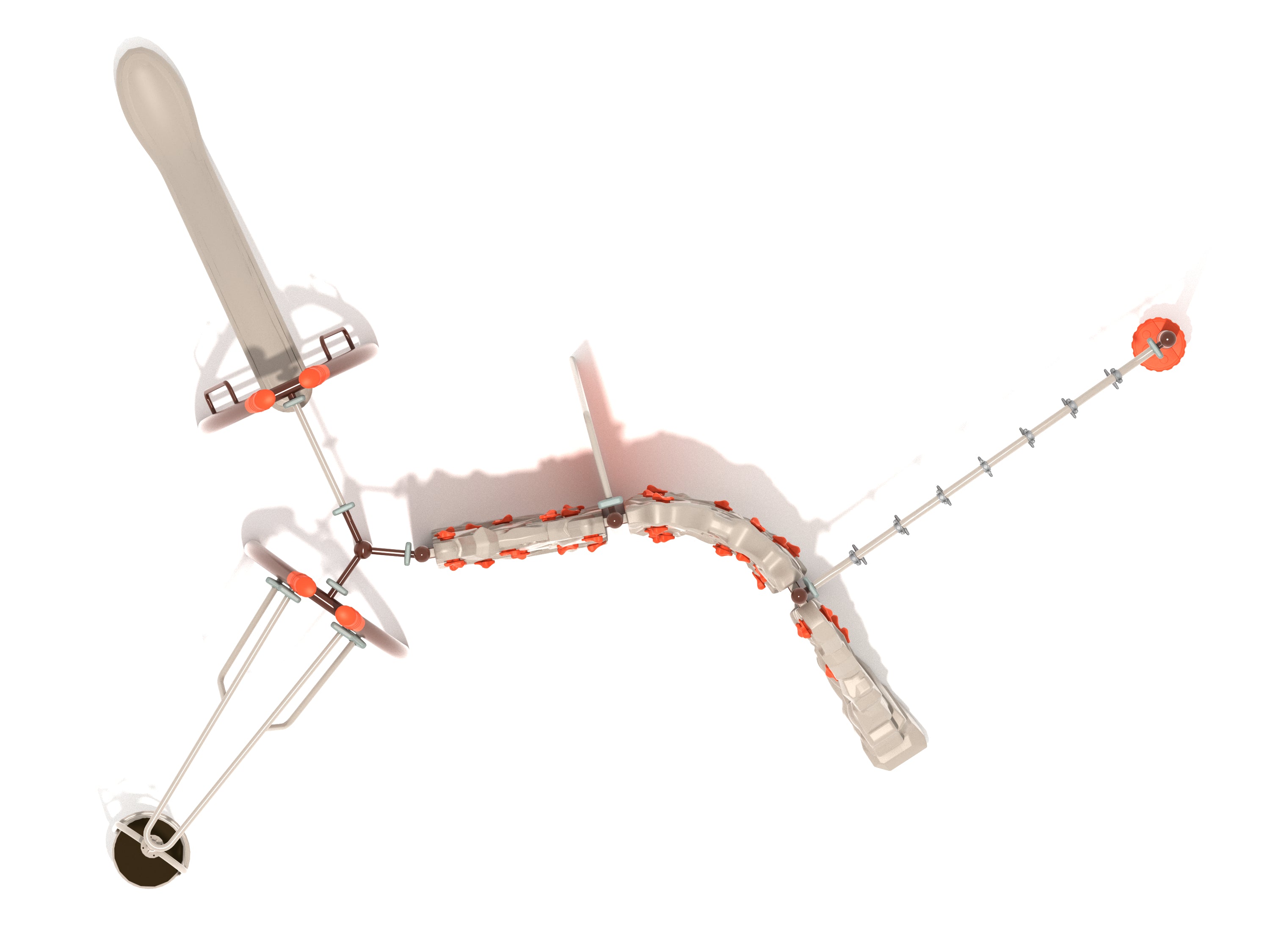 Overhead view of playground fitness course with curved climbing panels, swinging rung ladder, saddle slide, and spinner.
