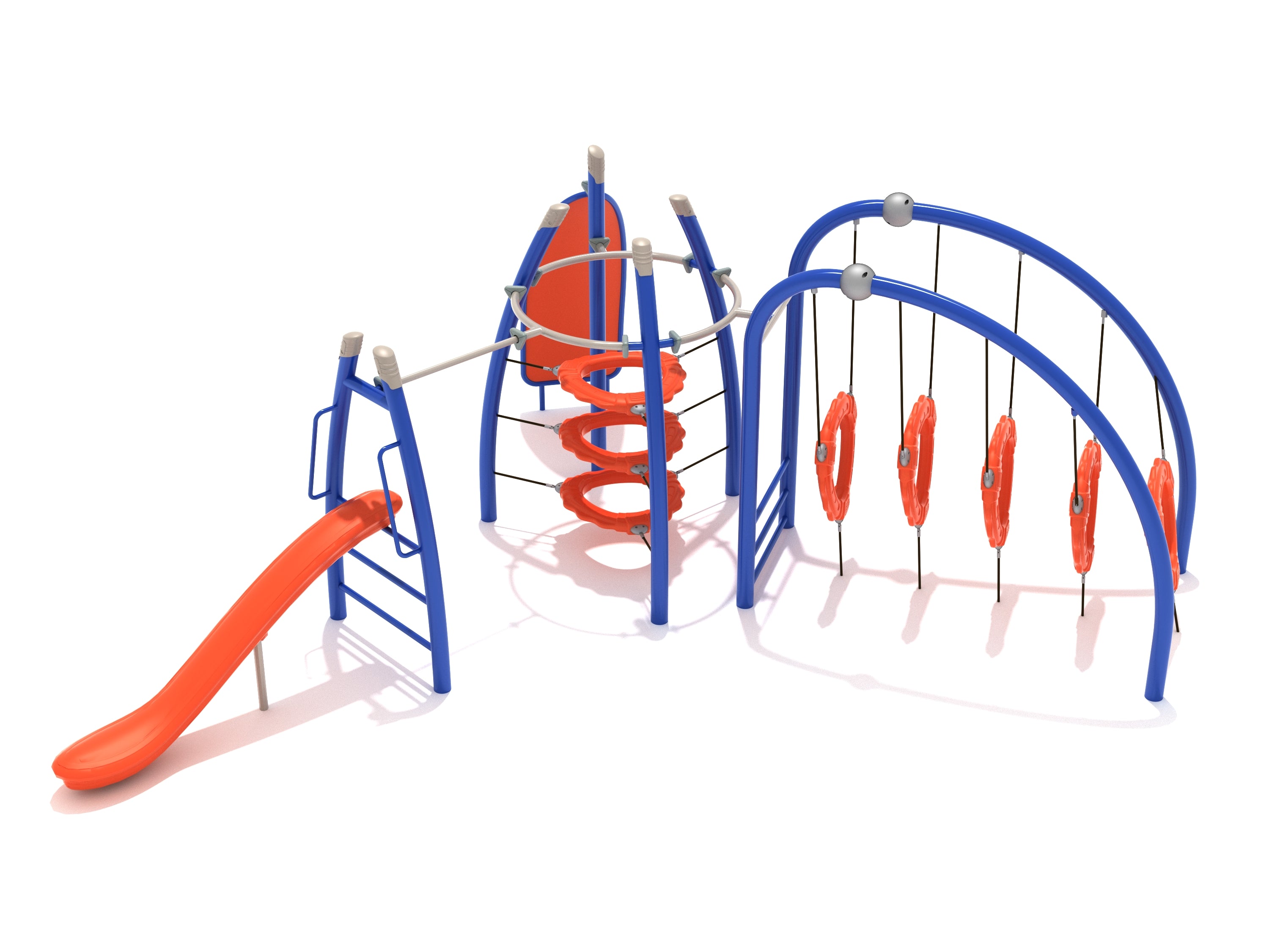 Conejos Peak Fitness Course Playground with blue frame, orange suspended rings, climbing tower, and saddle slide