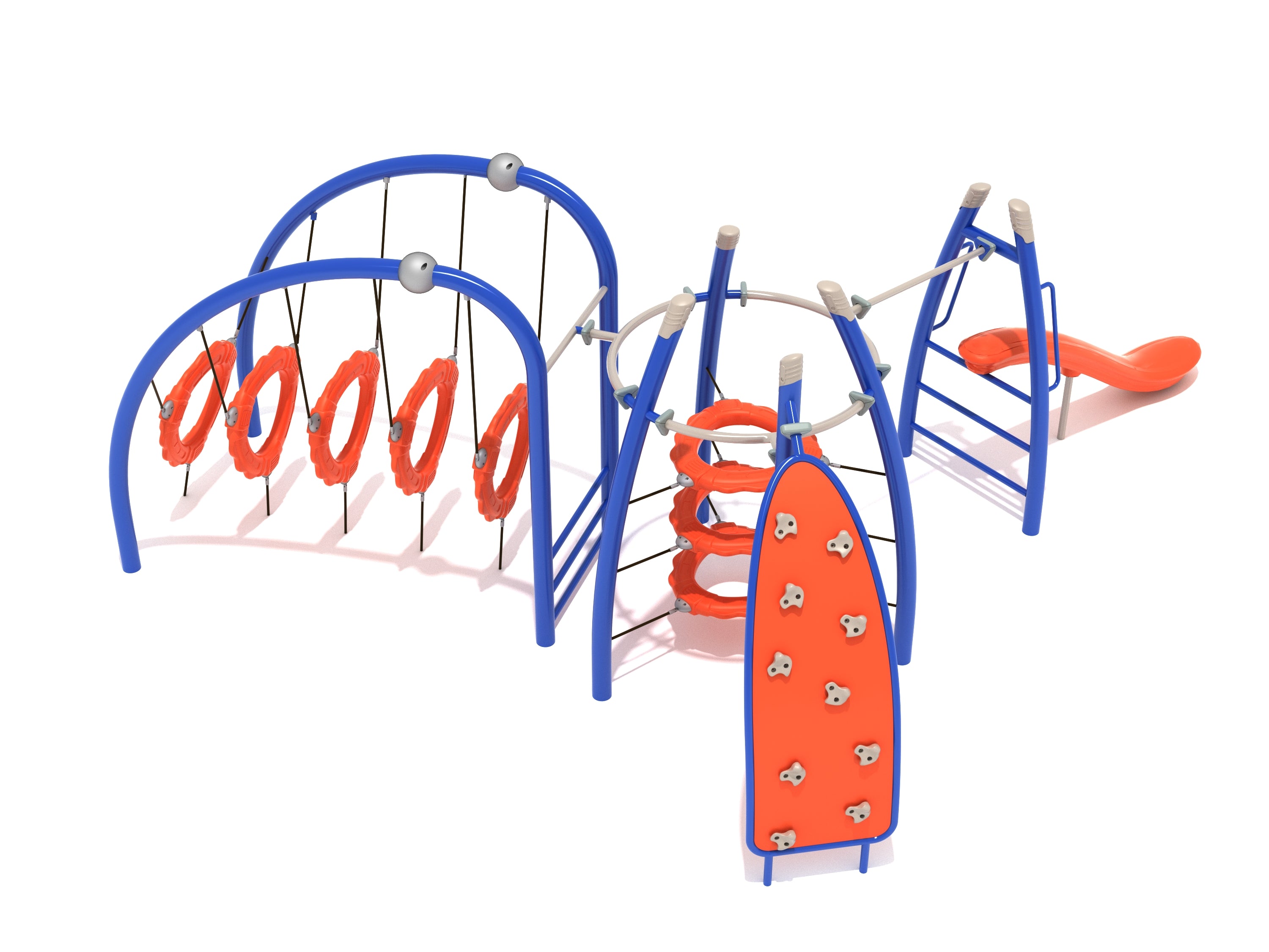Playground fitness course with suspended orange rings, blue climbing frames, curved rock wall panel, and saddle slide, angled view