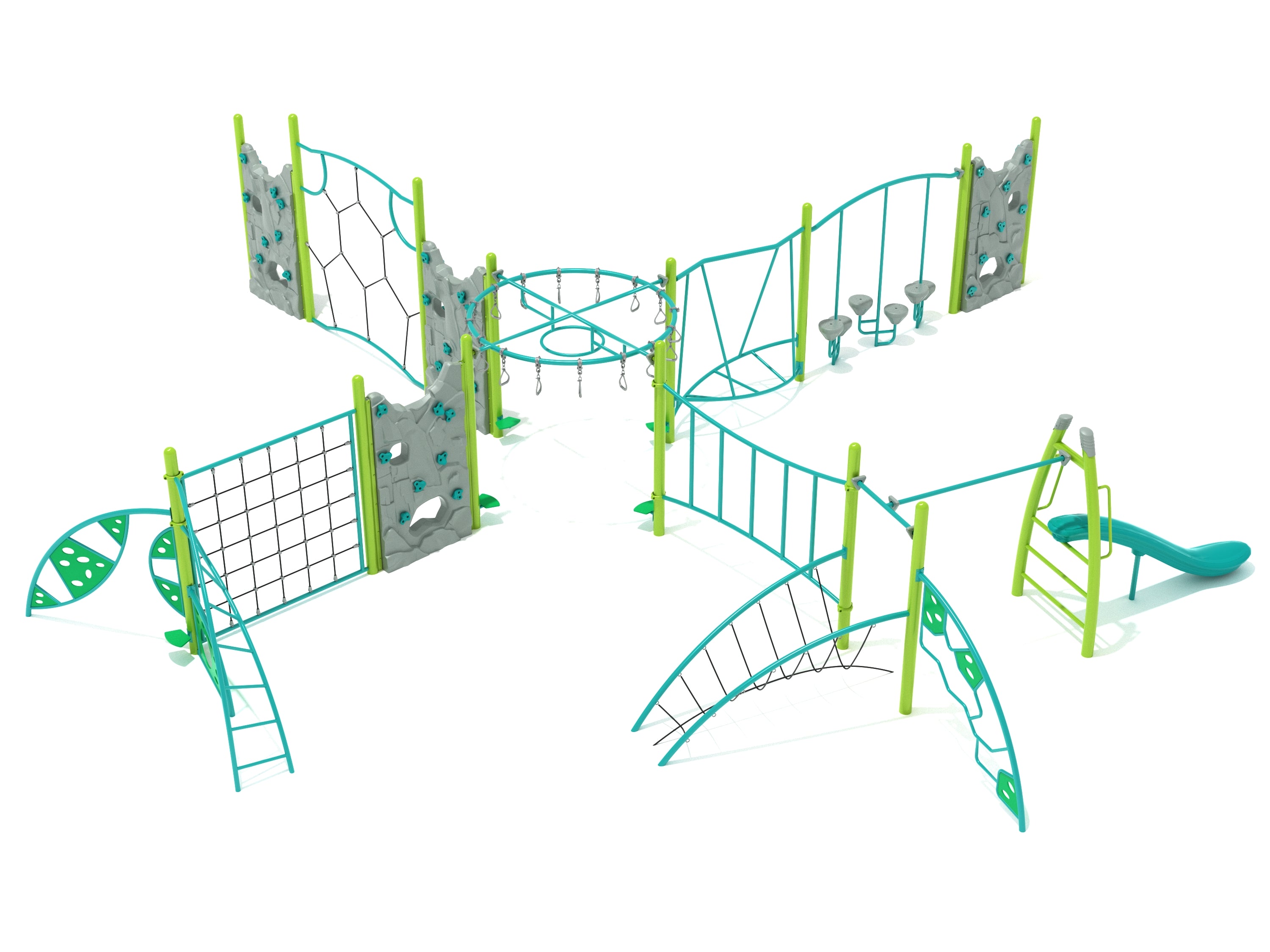 Columbia Hills Fitness Course Playground with climbing walls, overhead ring ladder, rope bridges, slide, and pebble bridge in green and teal