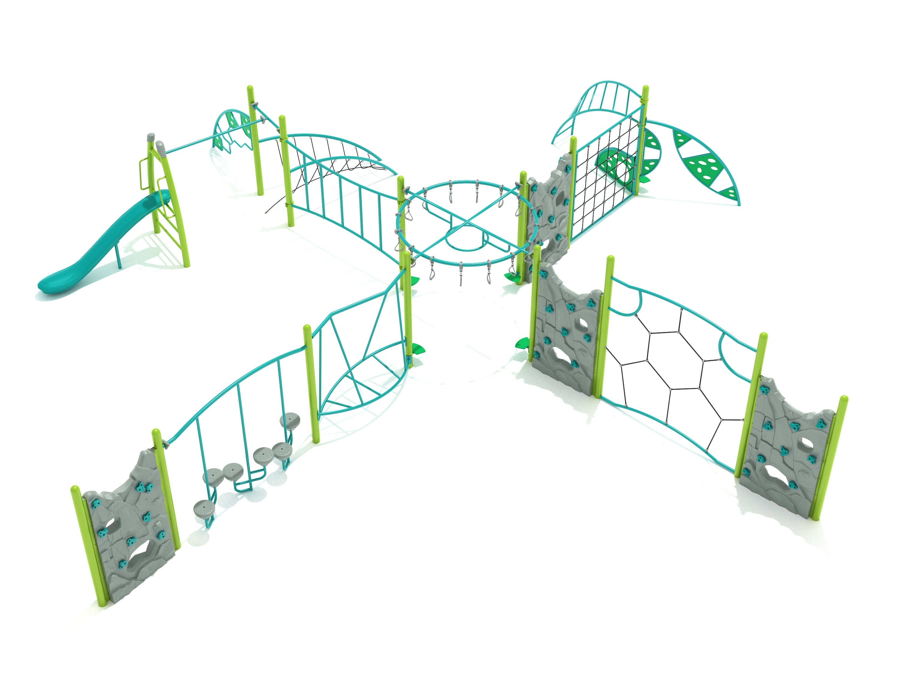 Overhead view of outdoor fitness playground with climbing walls, rope nets, slide, and circular overhead ladder hub