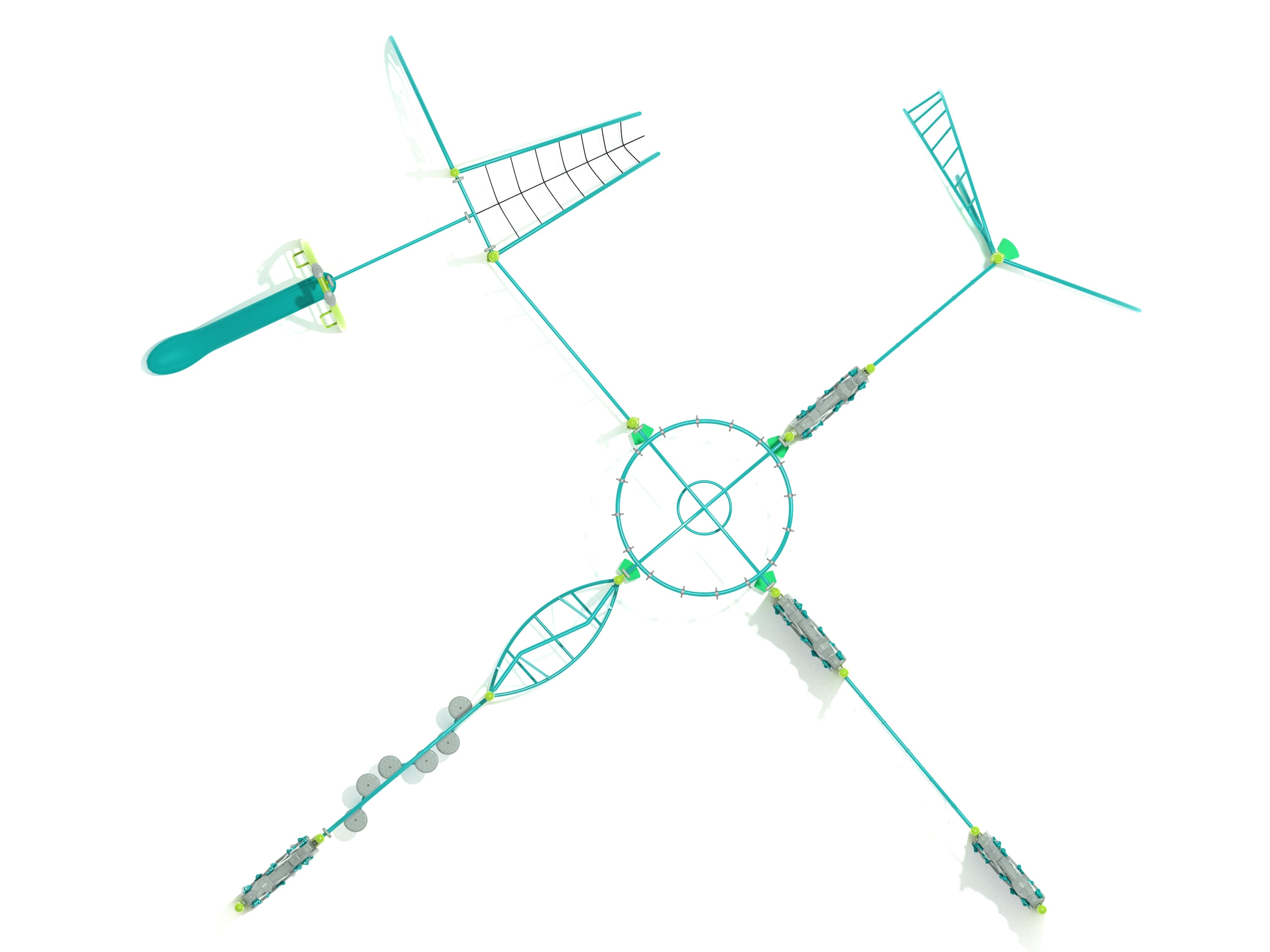 Overhead view of a large turquoise playground with a central circular climbing ring, slides, climbers, bridges, and activity paths