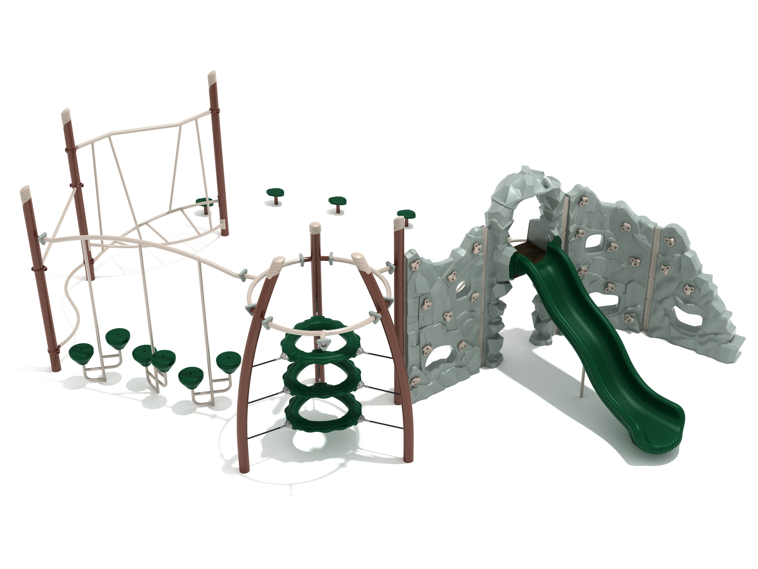 Elephant Rock Fitness Course Playground with climbing walls, suspended rings, curved bars, stepping stones, and green slide