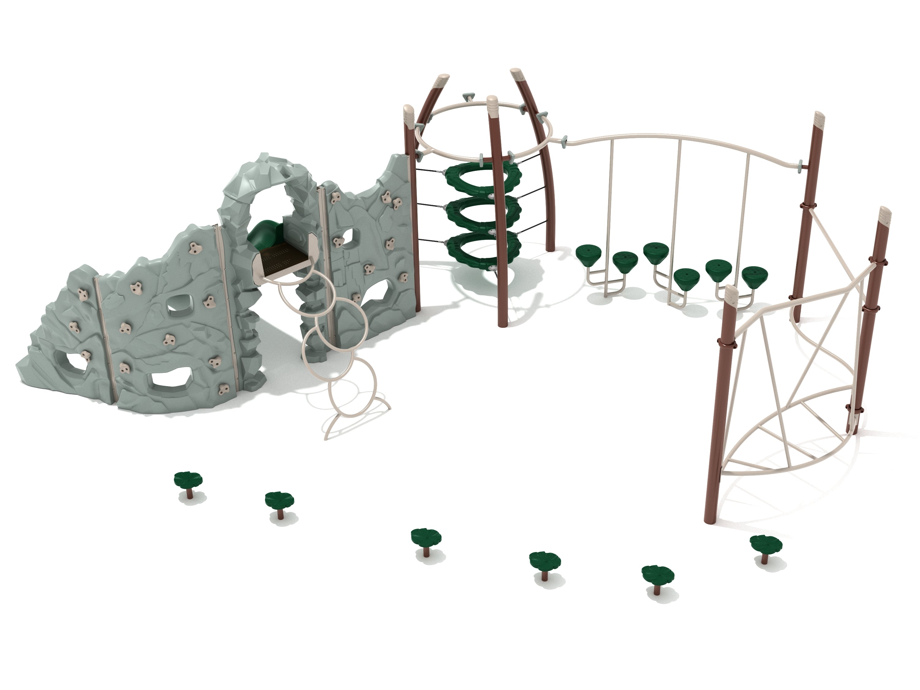 Outdoor playground obstacle course with climbing walls, suspended rings, curved bars, balance bridges, and a slide