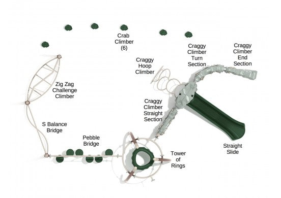 Overhead view of a playground fitness course with climbing structures, balance bridges, suspended rings, and a slide