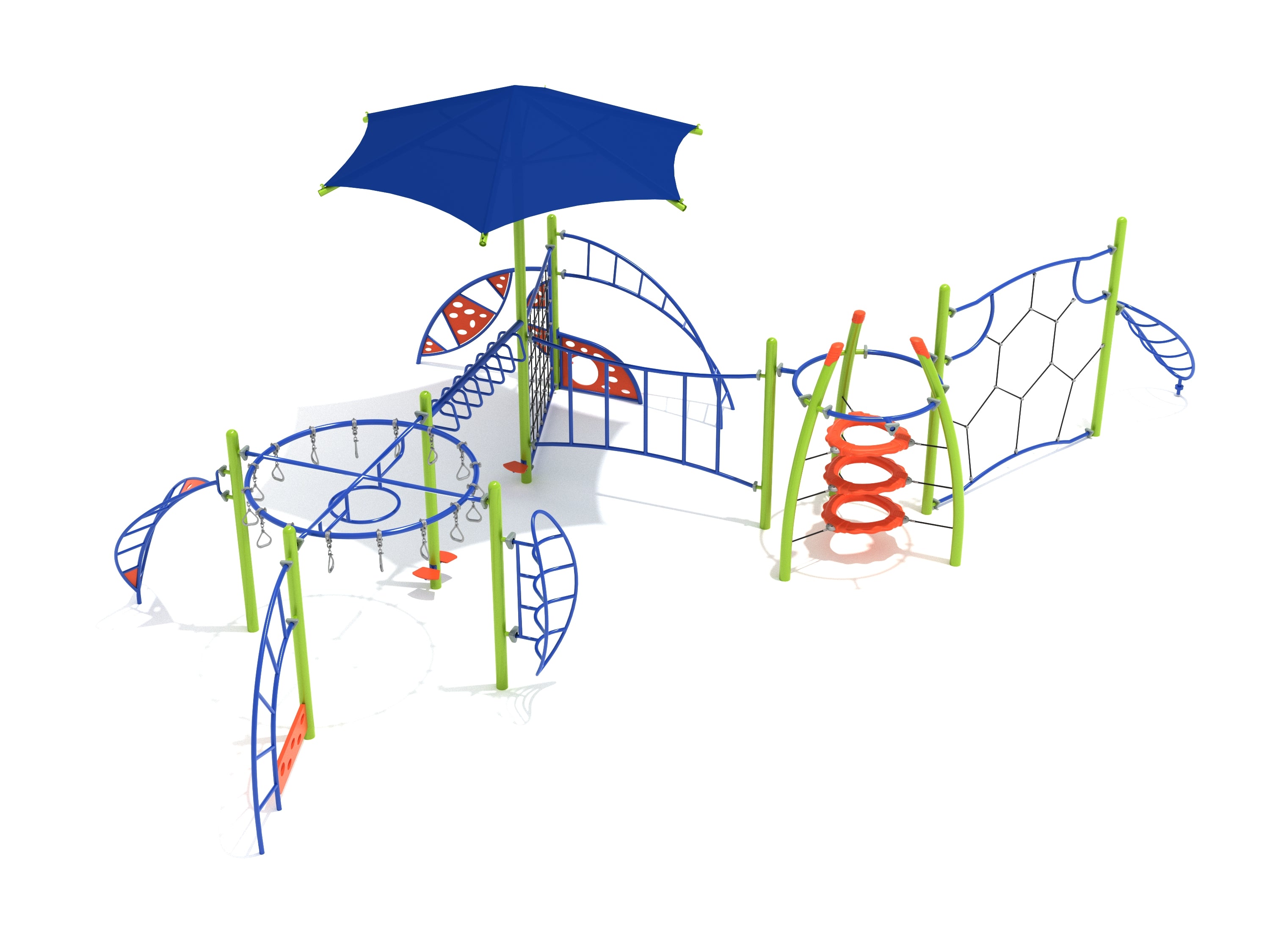 Lake Nighthorse Fitness Course Playground with blue climbing structures, green posts, orange rings, and large blue umbrella providing shade