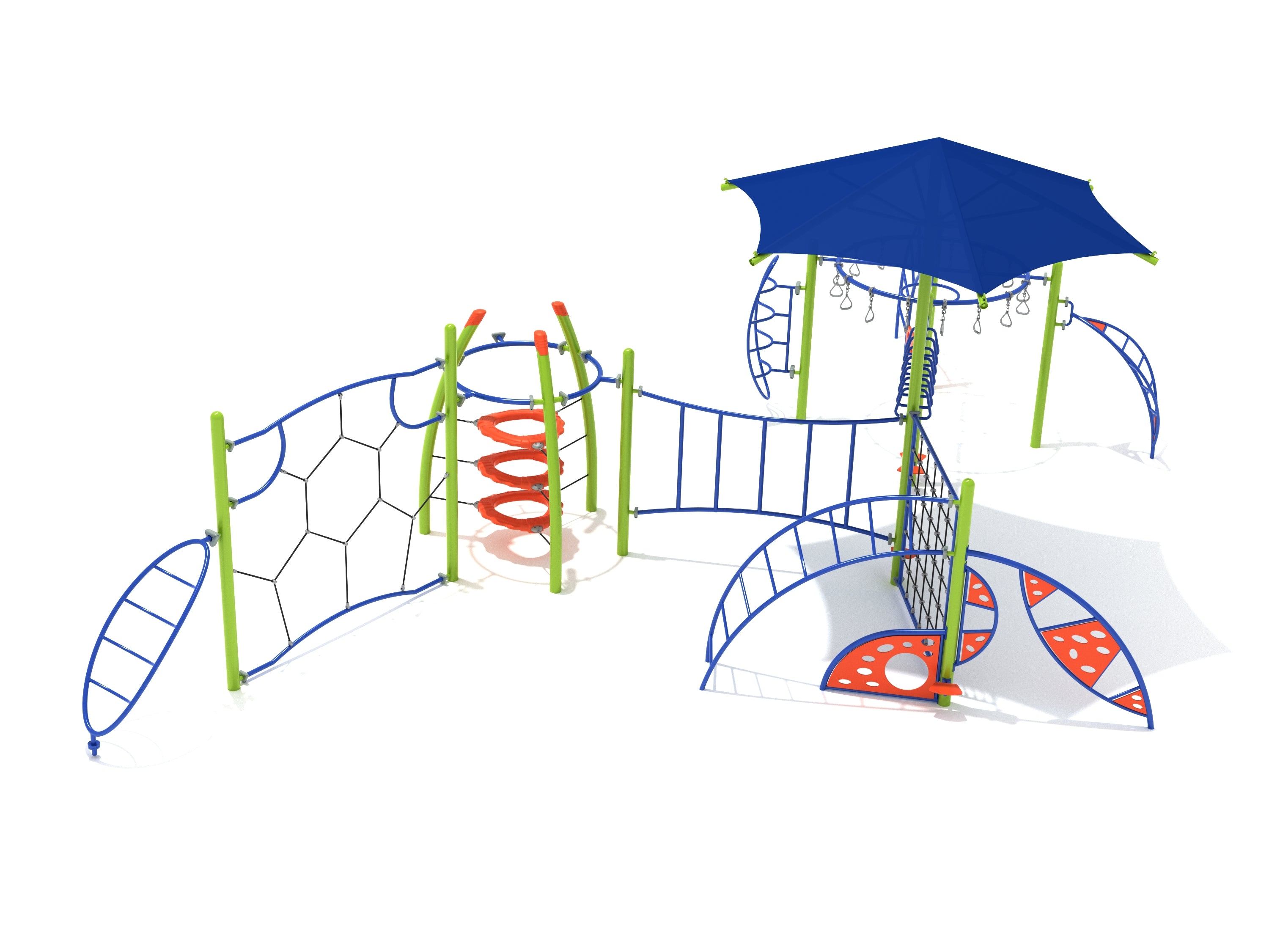 Colorful playground fitness course with climbing nets, rings, ladders, and a large blue shade canopy viewed at an angle