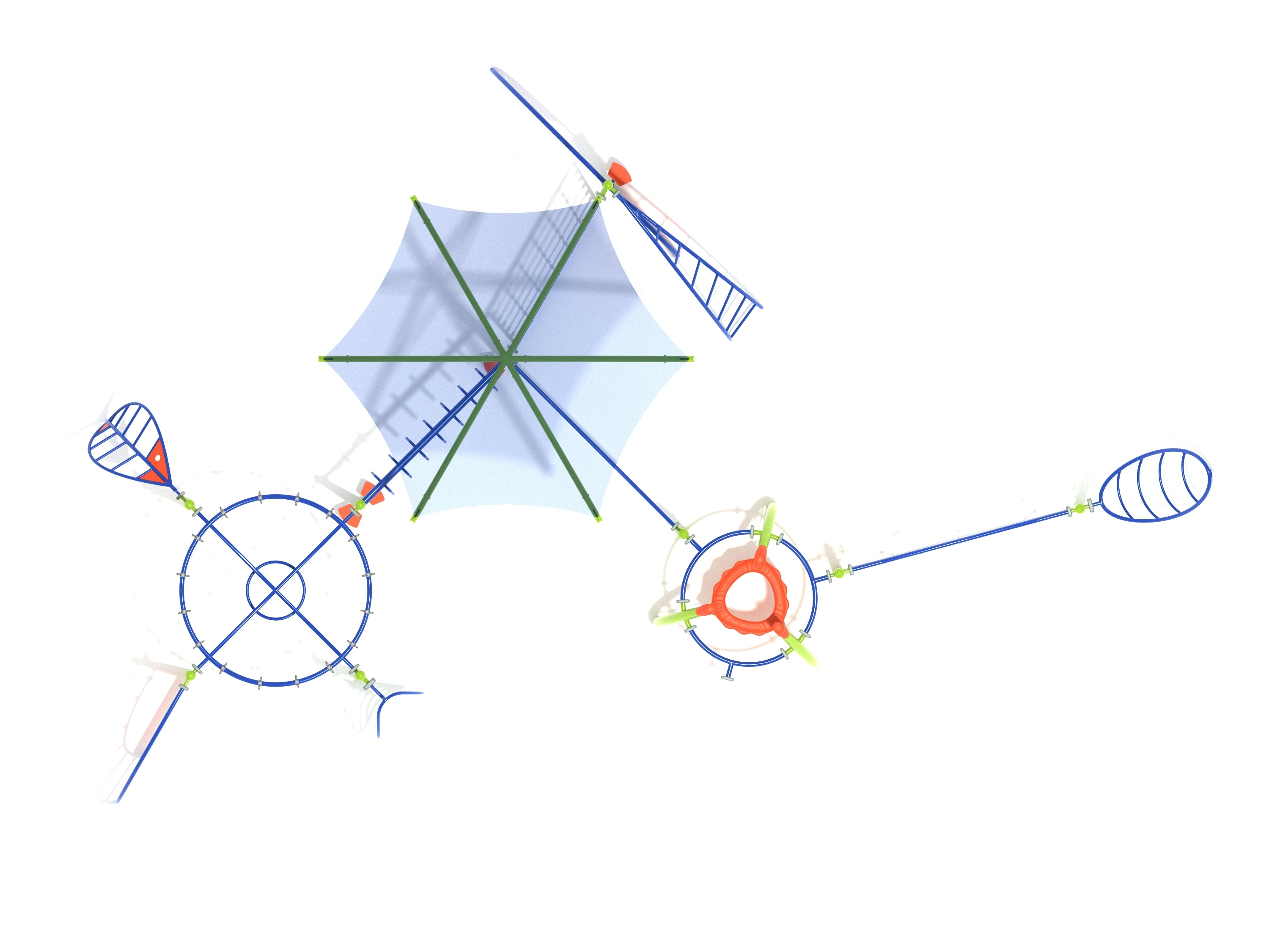 Overhead view of colorful playground fitness course with climbing rings, ladders, nets, and a large central shade umbrella