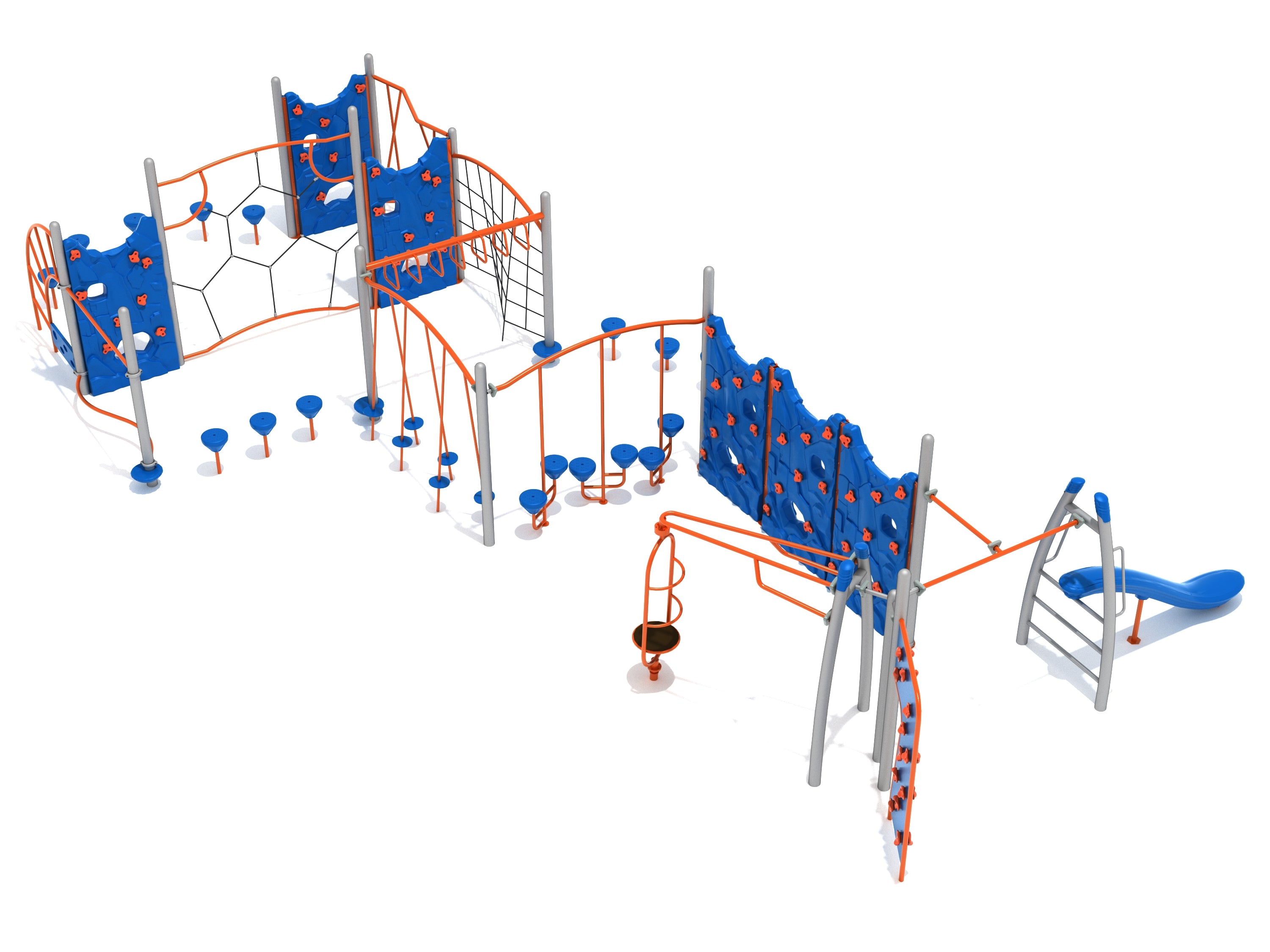 Cedar Slope Fitness Course Playground with blue climbing walls, orange frames, bridges, slide, and varied climbing elements for active play