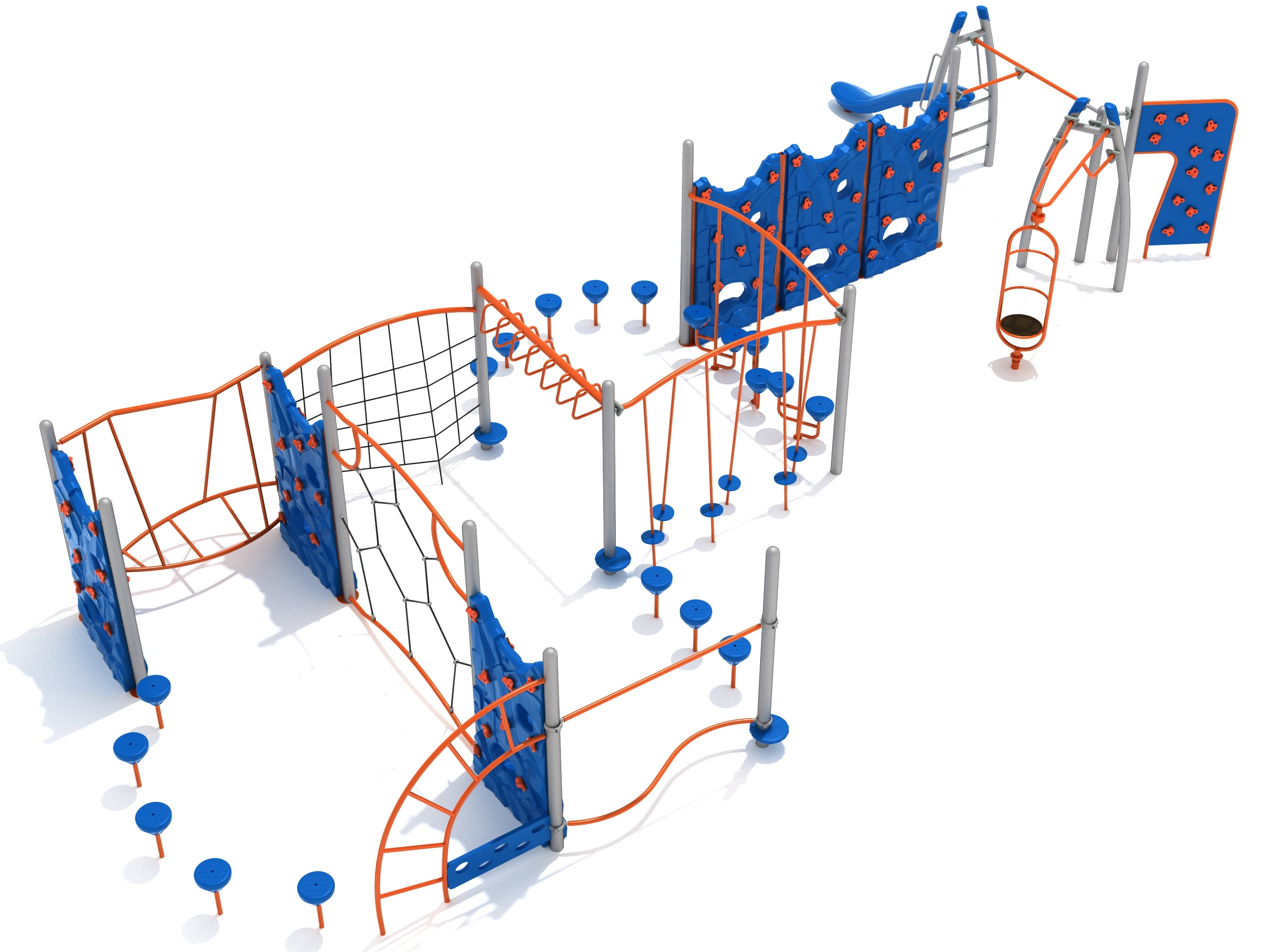 Outdoor fitness playground with blue climbing walls, orange frames, stepping stones, slide, and various climbing and balance elements