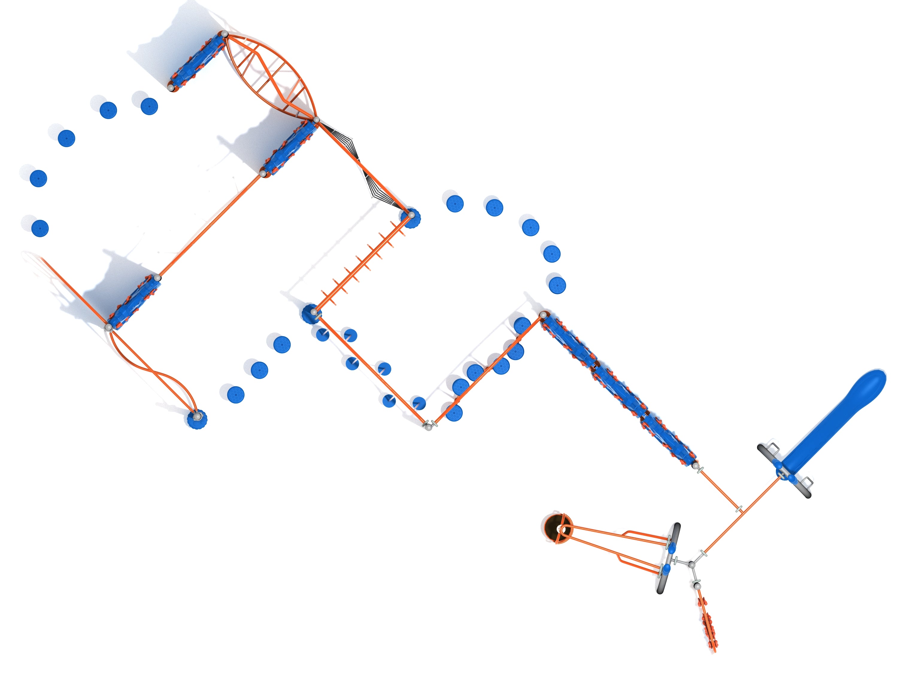 Overhead view of blue and orange outdoor fitness playground with climbing nets, bridges, stepping stones, slide, and spinner