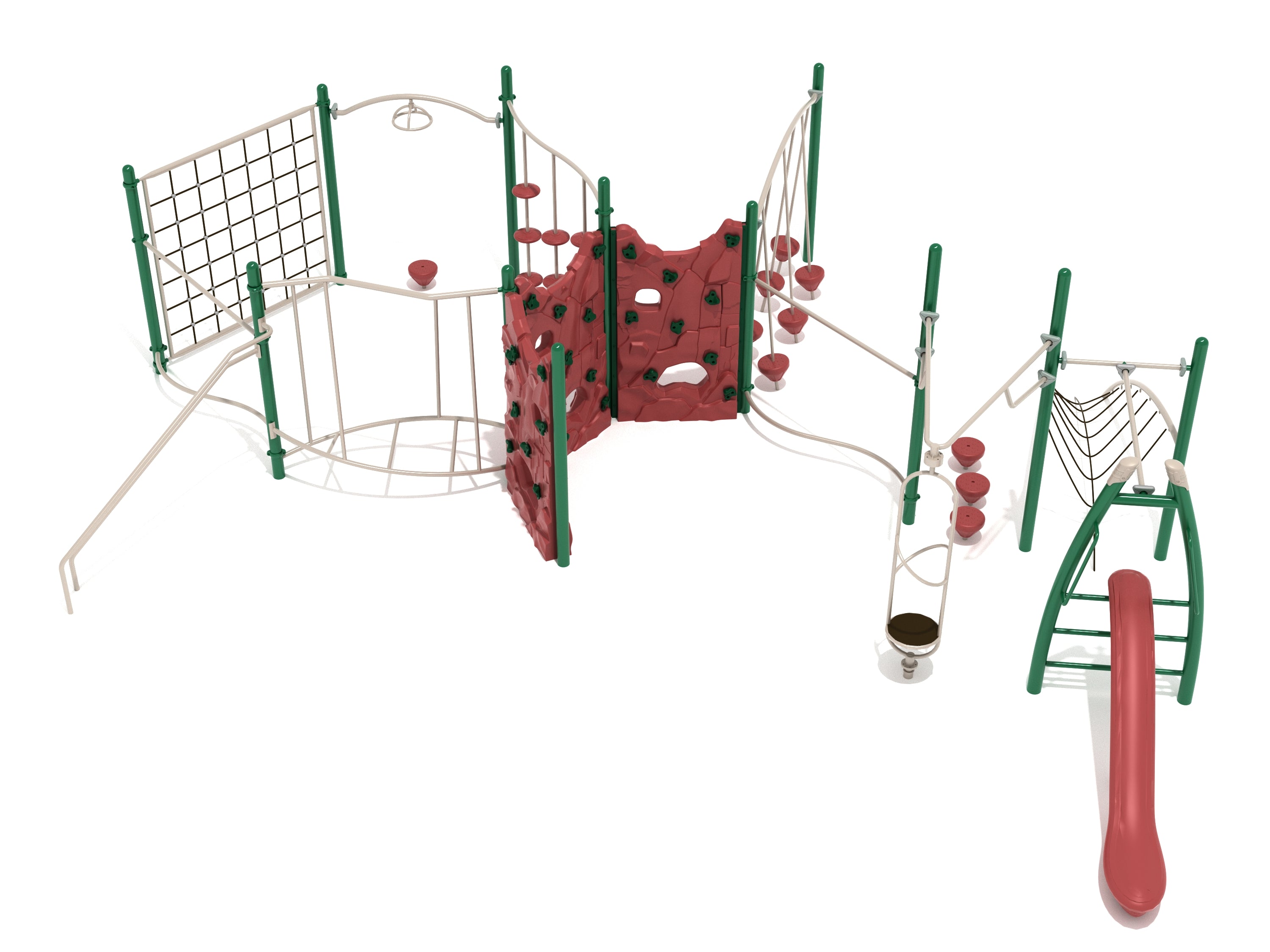 Pine Valley Fitness Course Playground with red climbing walls, rope climbers, balance bridges, and a red saddle slide